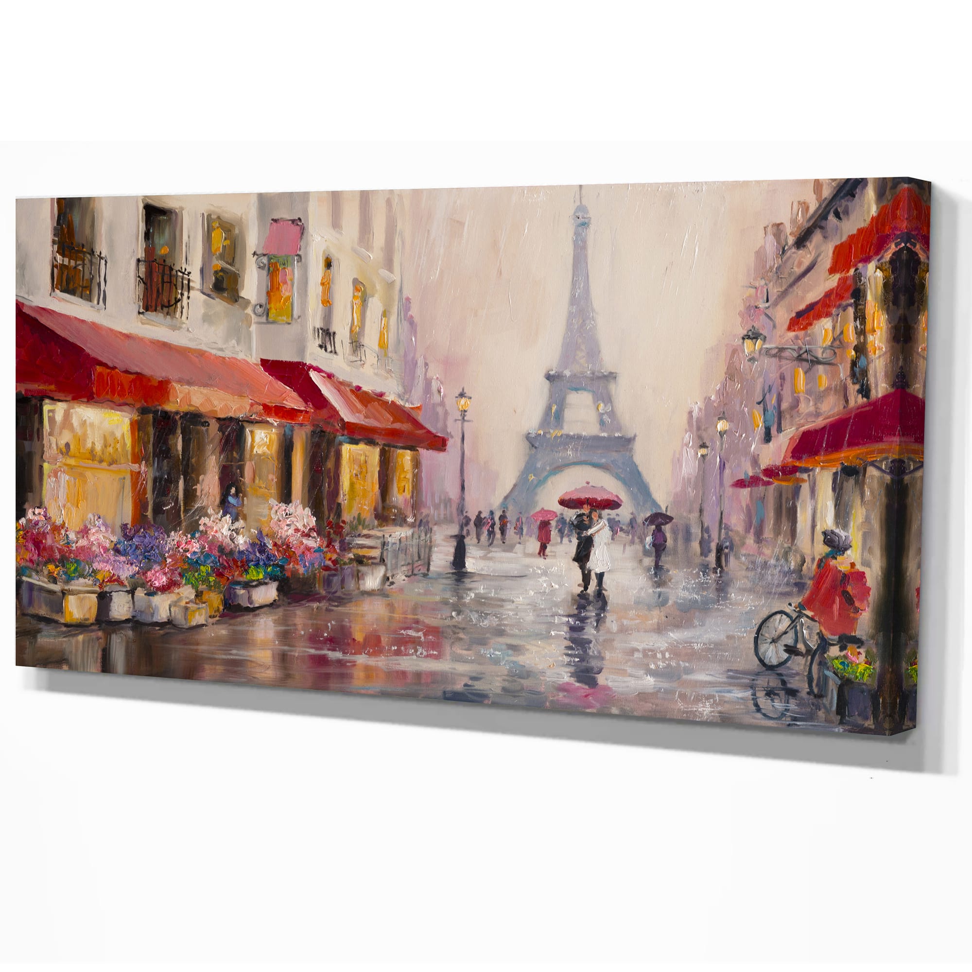 Designart - Lovers in Paris Eiffel Tower - Cityscapes Painting Print on Wrapped Canvas