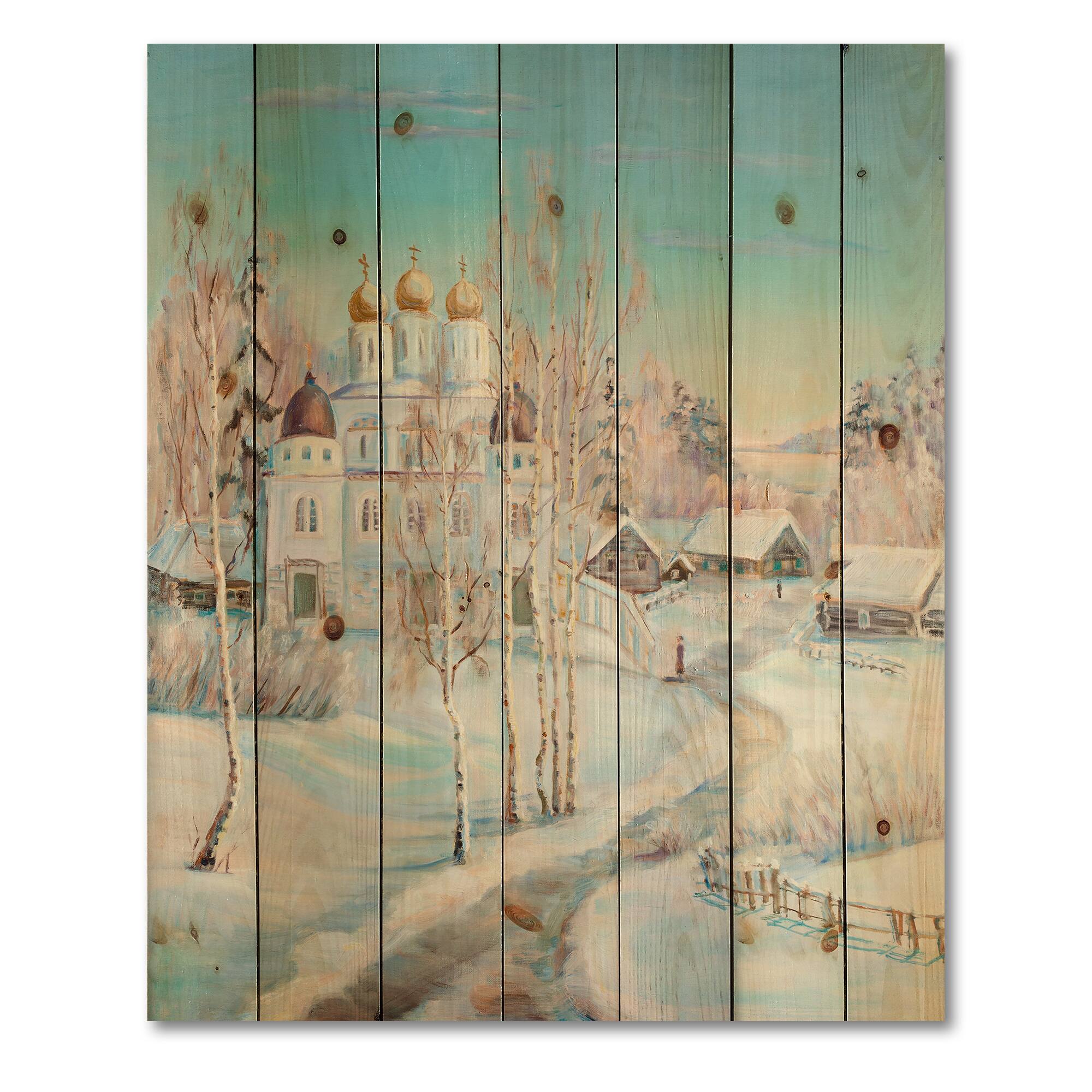 Designart - Country Road In Winter Landscape With Temple - Traditional Print on Natural Pine Wood