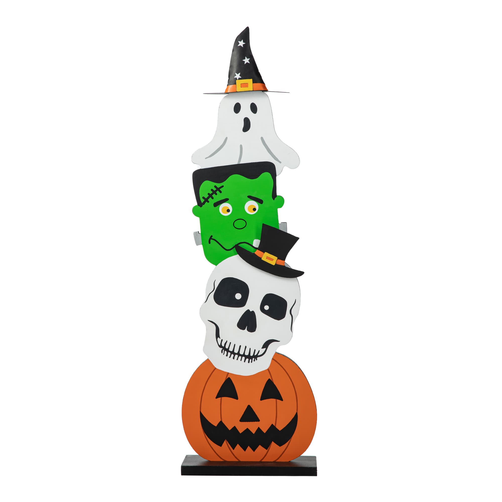 Glitzhome&#xAE; 36&#x22; Halloween Wood Stacked Ghost, Frankenstein, Skull &#x26; Pumpkin Porch D&#xE9;cor