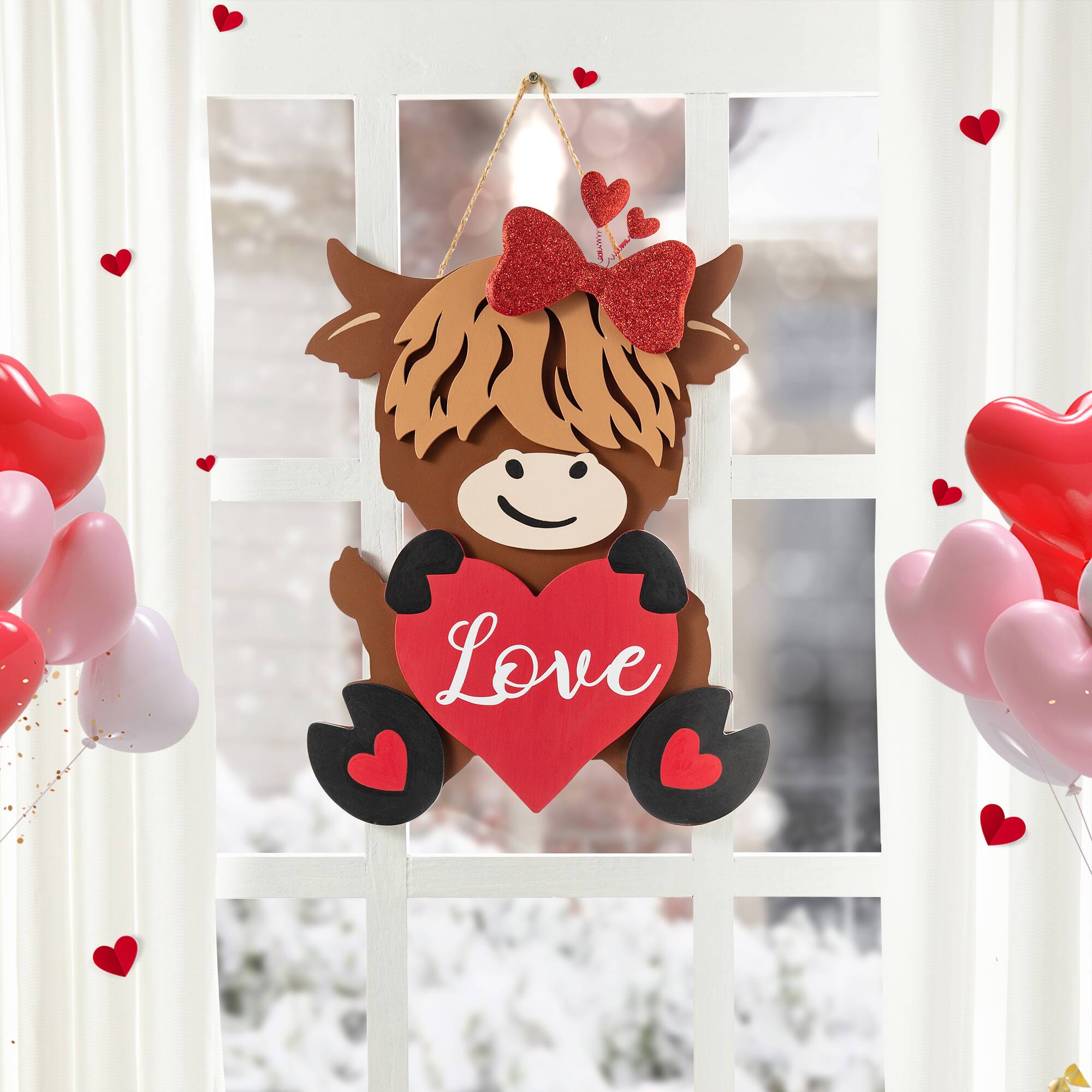 Glitzhome® 18" Valentine's Wooden Highland Cow Door Hanger