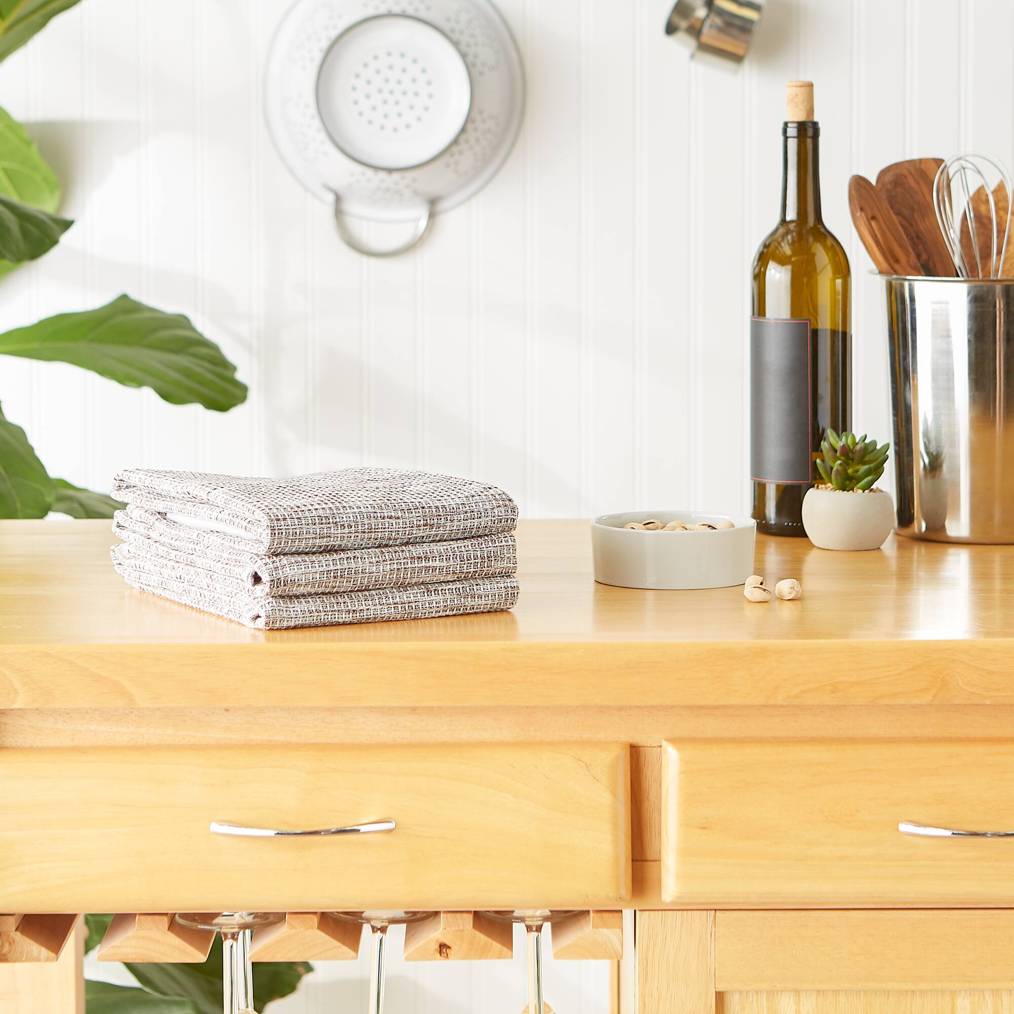 Leather Brown And Off-White Tonal Recycled Cotton Waffle Dishtowel (Set of 3)