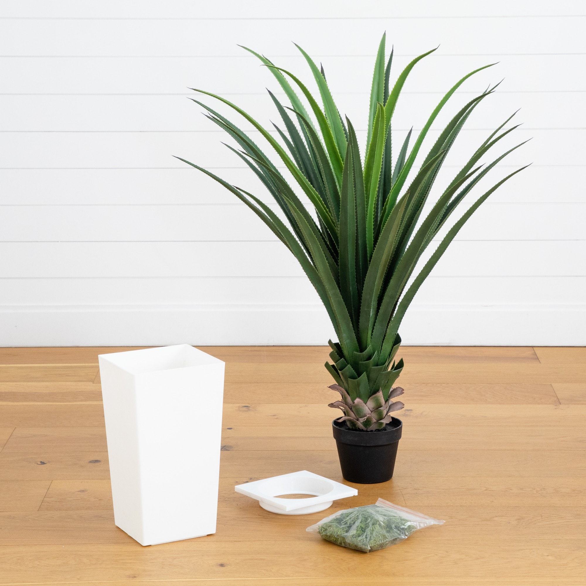 4ft. UV Resistant Artificial Spiked Agave Plant in White Tower Planter (Indoor/Outdoor)