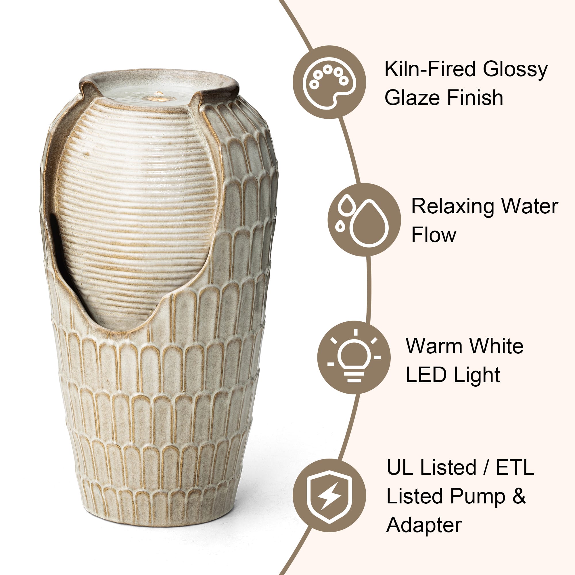 Glitzhome® 28.25" LED Petals Textured Ceramic Jar Outdoor Floor Fountain