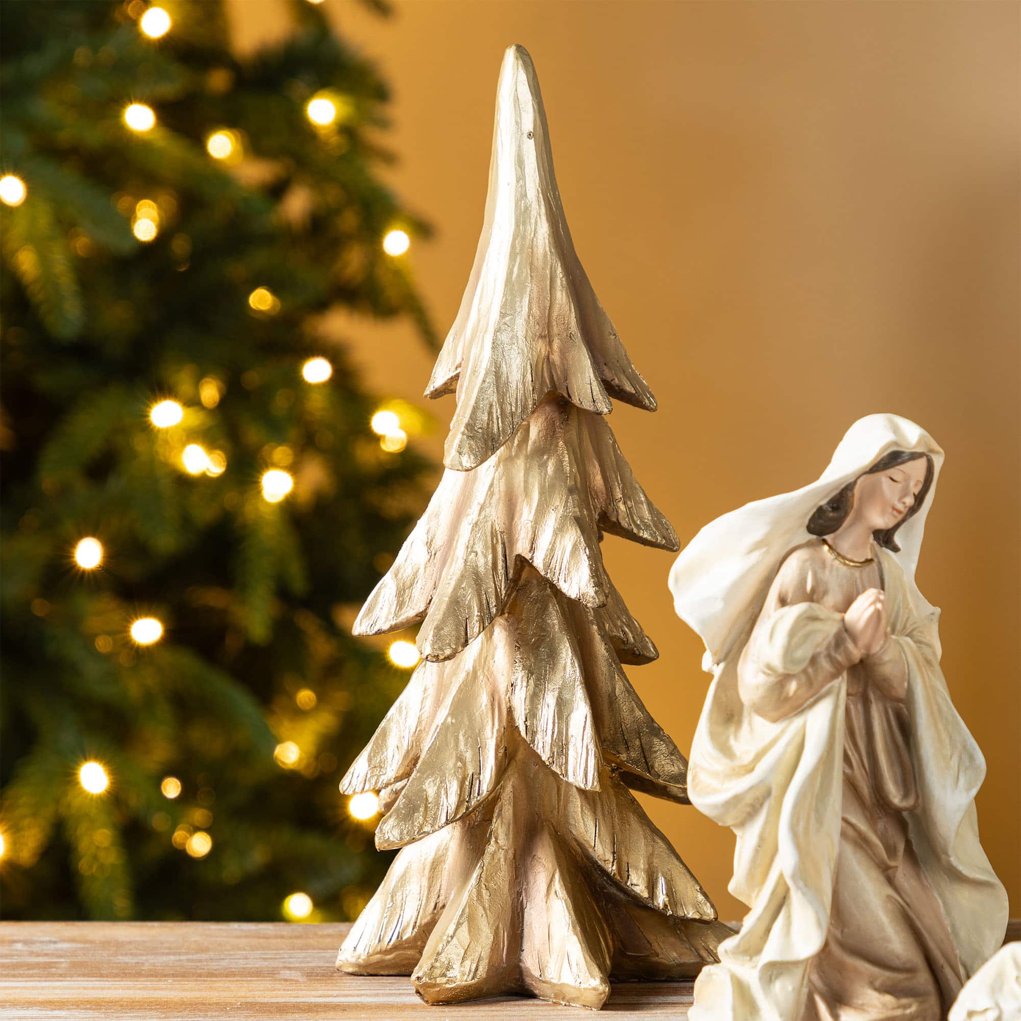 Glitzhome&#xAE; 5-Piece Gold Resin Holy Family with Christmas Trees Set