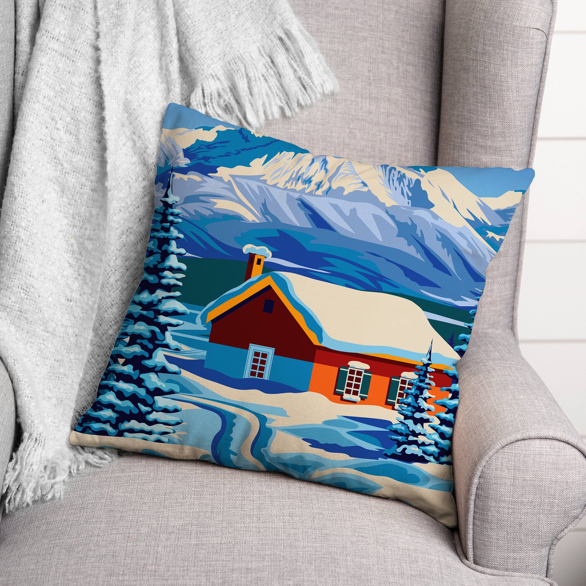 Arctic Nighttime Cabin 18x18 Throw Pillow