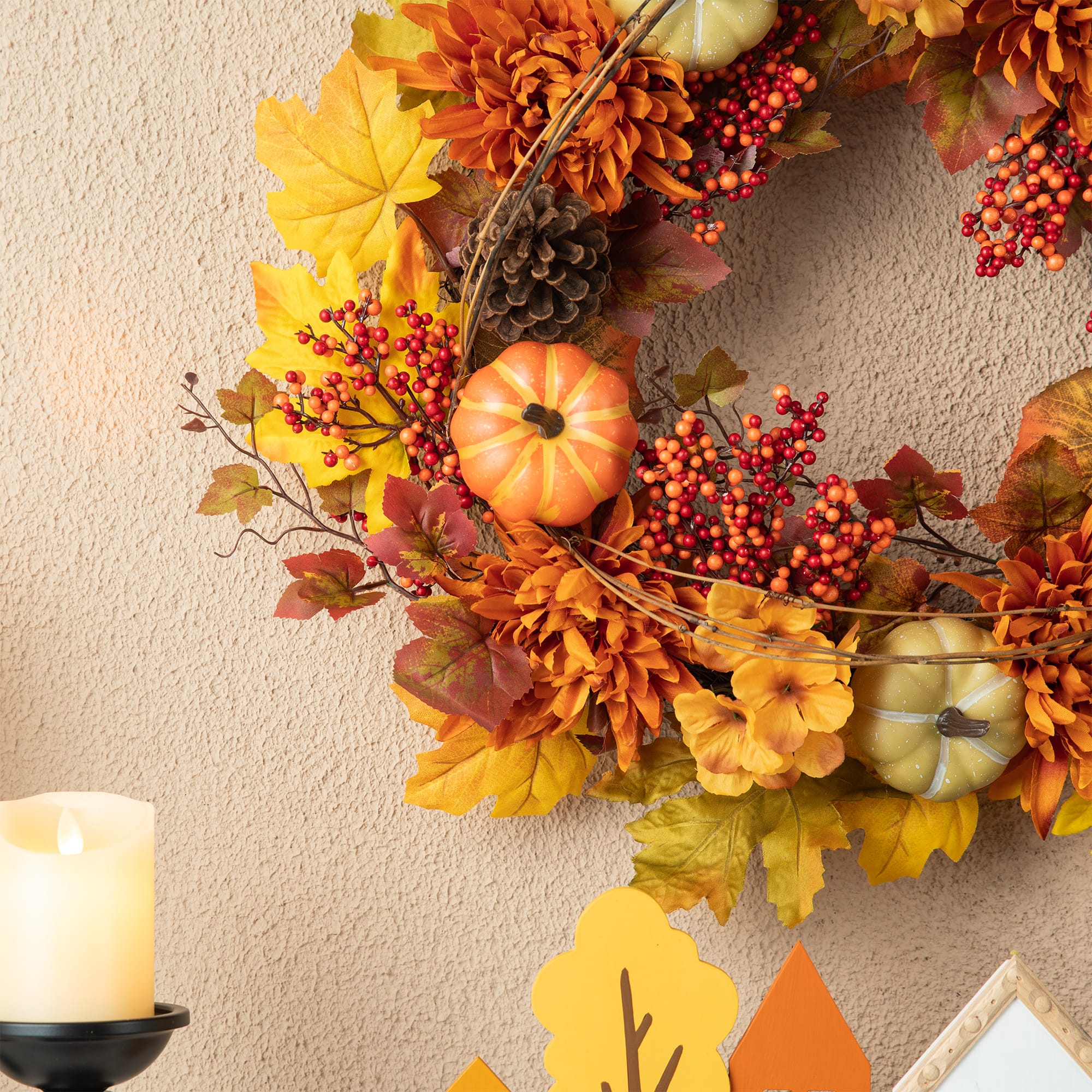 Glitzhome® 24" Fall Dahlia, Pumpkin, Leaf & Berry Wreath