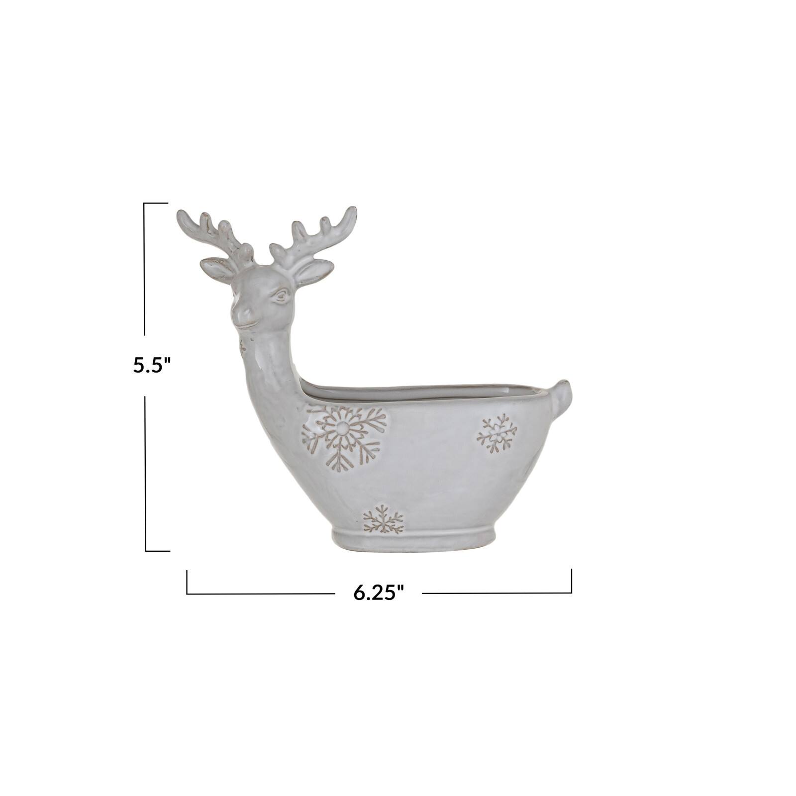 Hello Honey&#xAE; 5.5&#x22; White Stoneware Deer Shaped Bowl with Snowflakes &#x26; Reactive Glaze