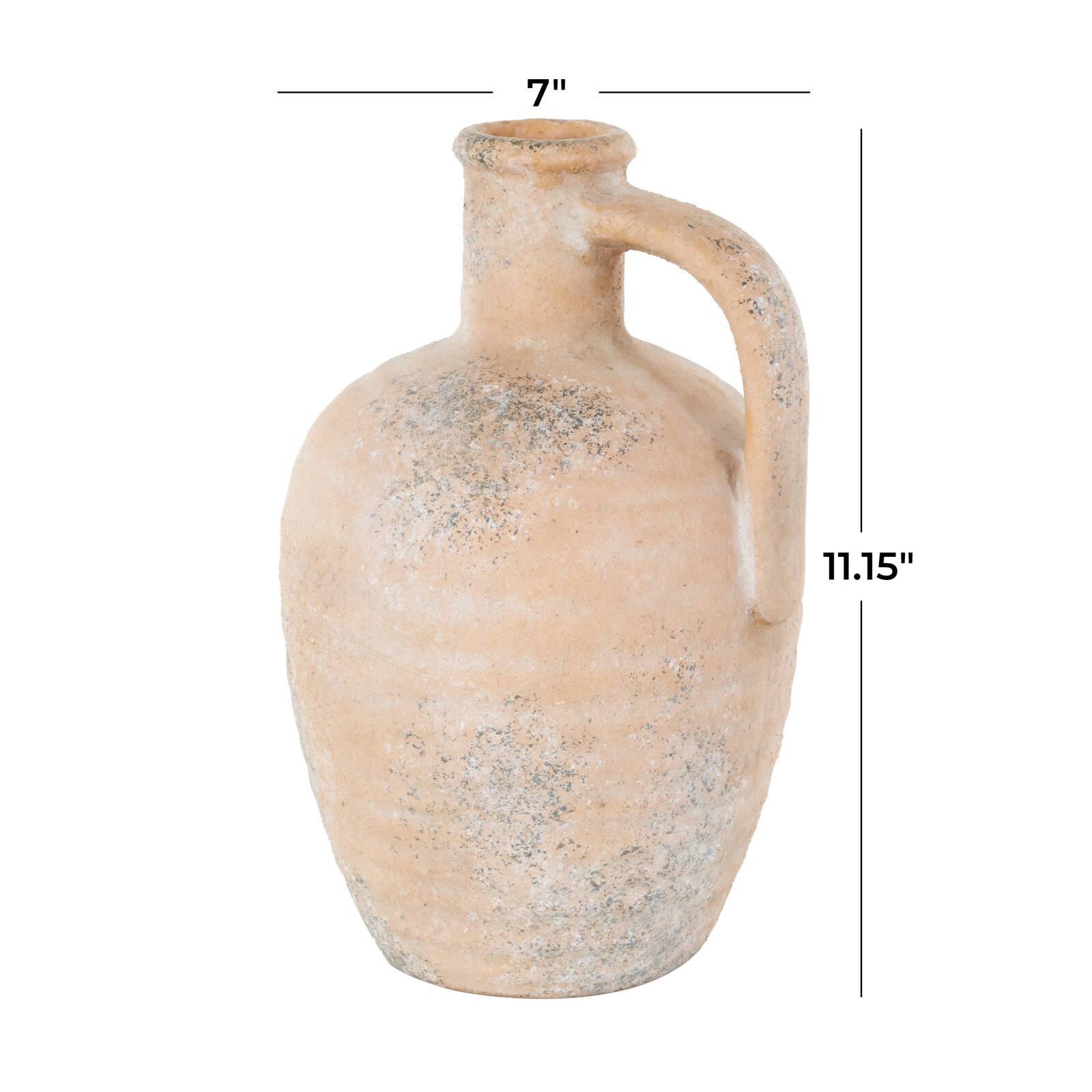 11" Beige Antique-Style Distressed Ceramic Vase with Handle