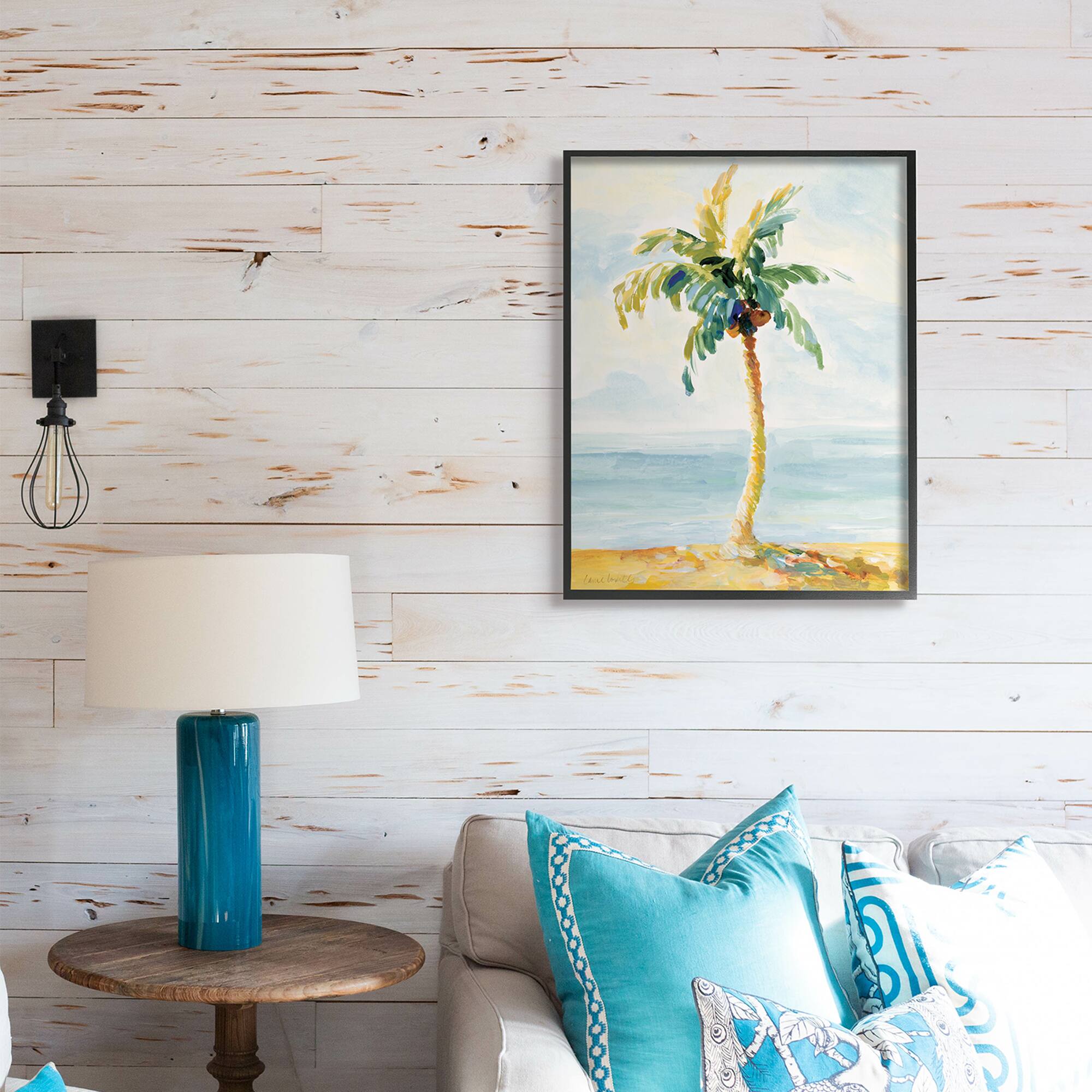 Stupell Industries Palm Tree with Coconuts on Beach Sand in Black Frame Wall Art