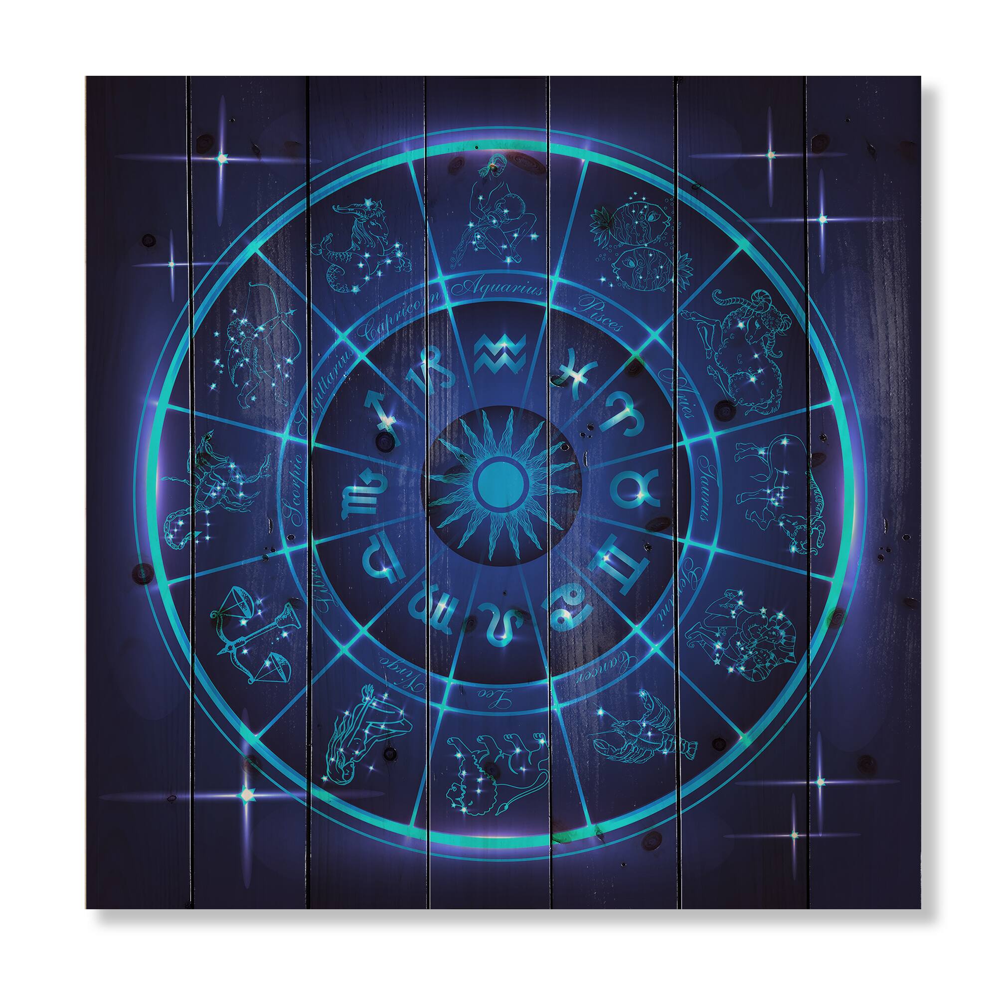 Designart - Neon Deep Blue Horoscope Circle With Zodiac Signs - Modern Print on Natural Pine Wood