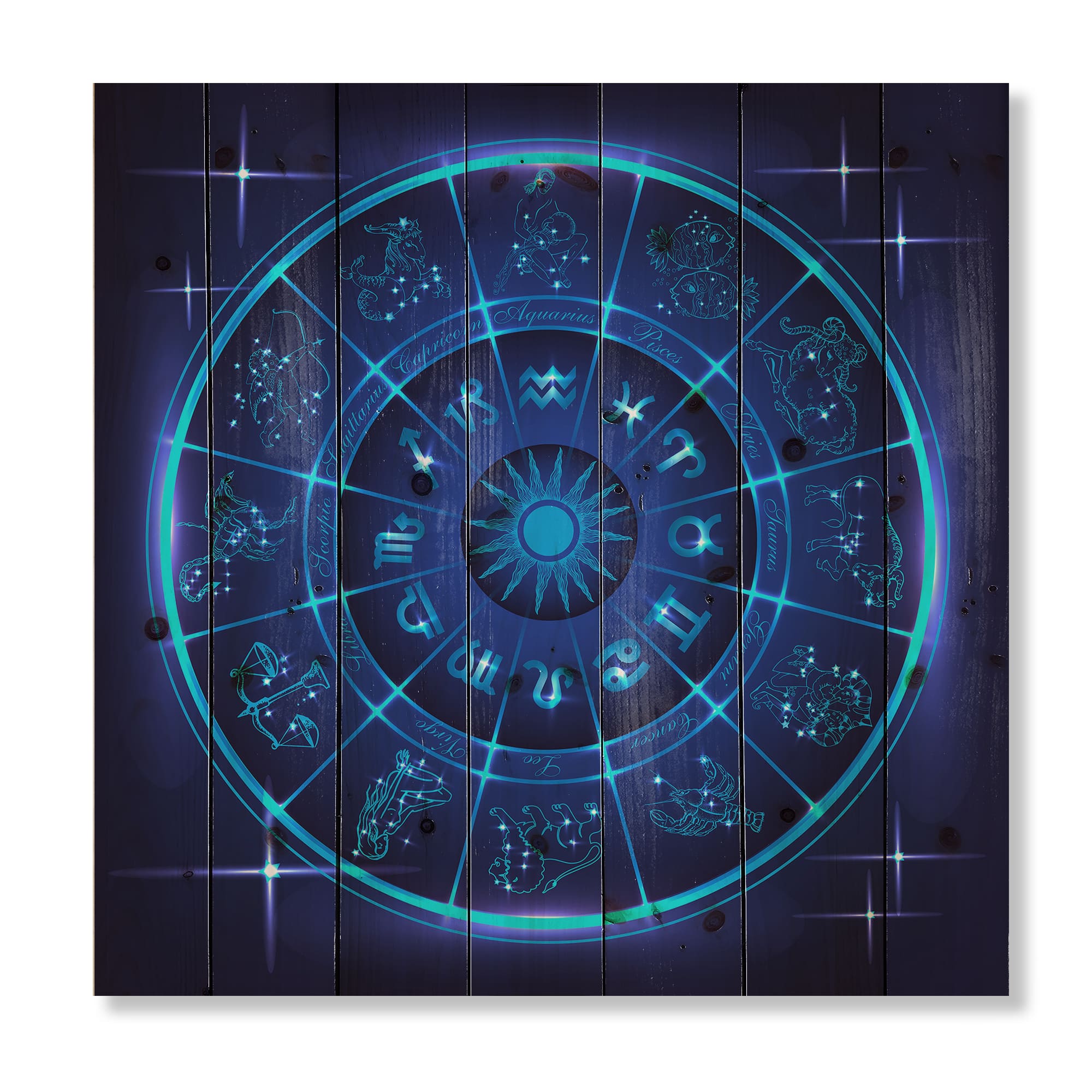 Designart - Neon Deep Blue Horoscope Circle With Zodiac Signs