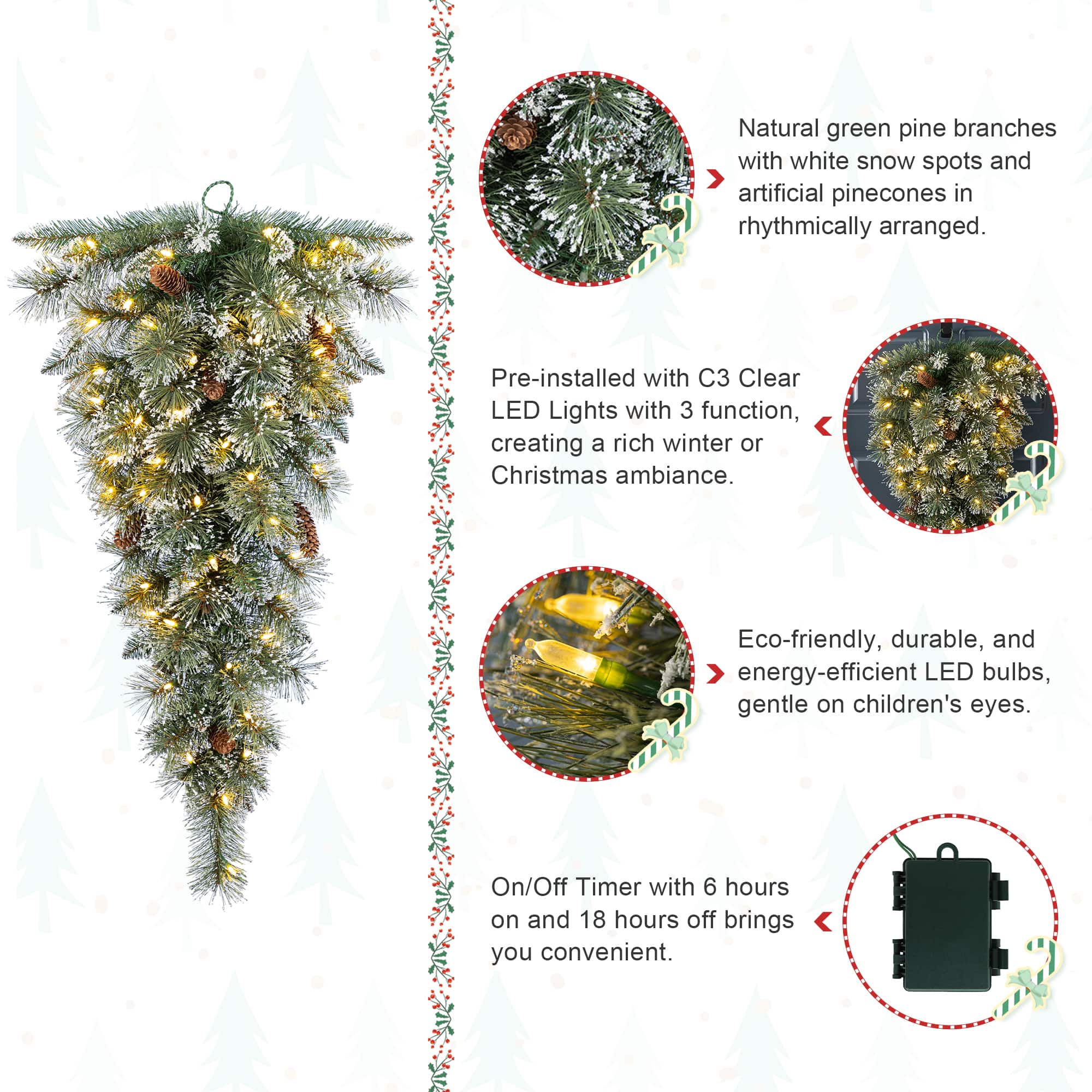 Glitzhome® 3ft Pre-Lit Frosted Greenery Pinecones Christmas Teardrop, LED Lights and Timer