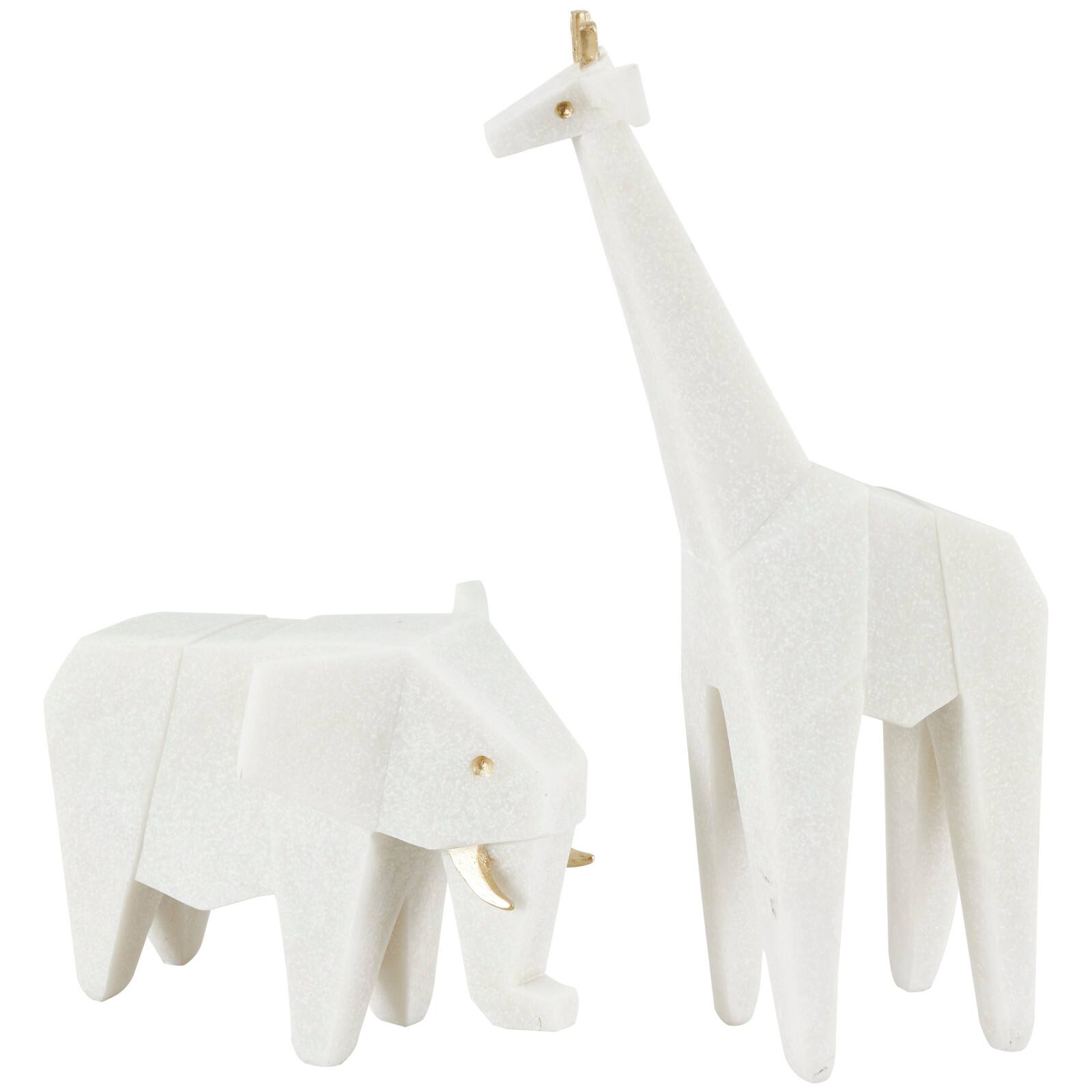 White Polystone Elephant &#x26; Giraffe Cubist Inspired Sculpture Set