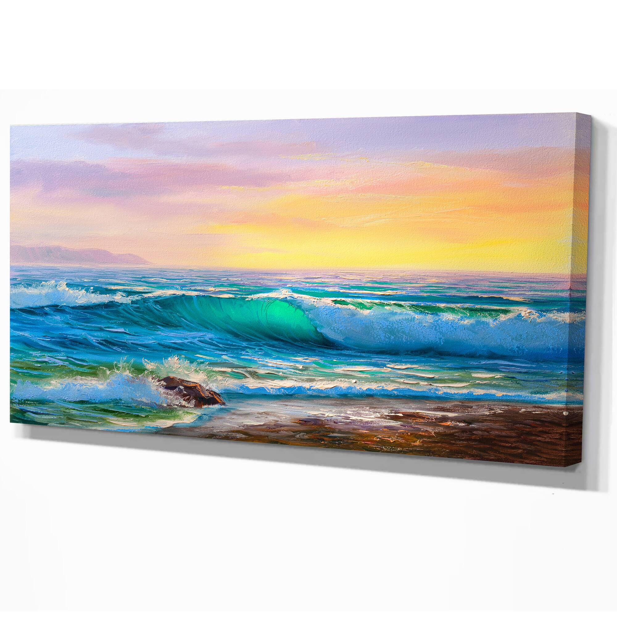 Designart - Sunsets over ocean waves - Sea &#x26; Shore Painting Print on Wrapped Canvas