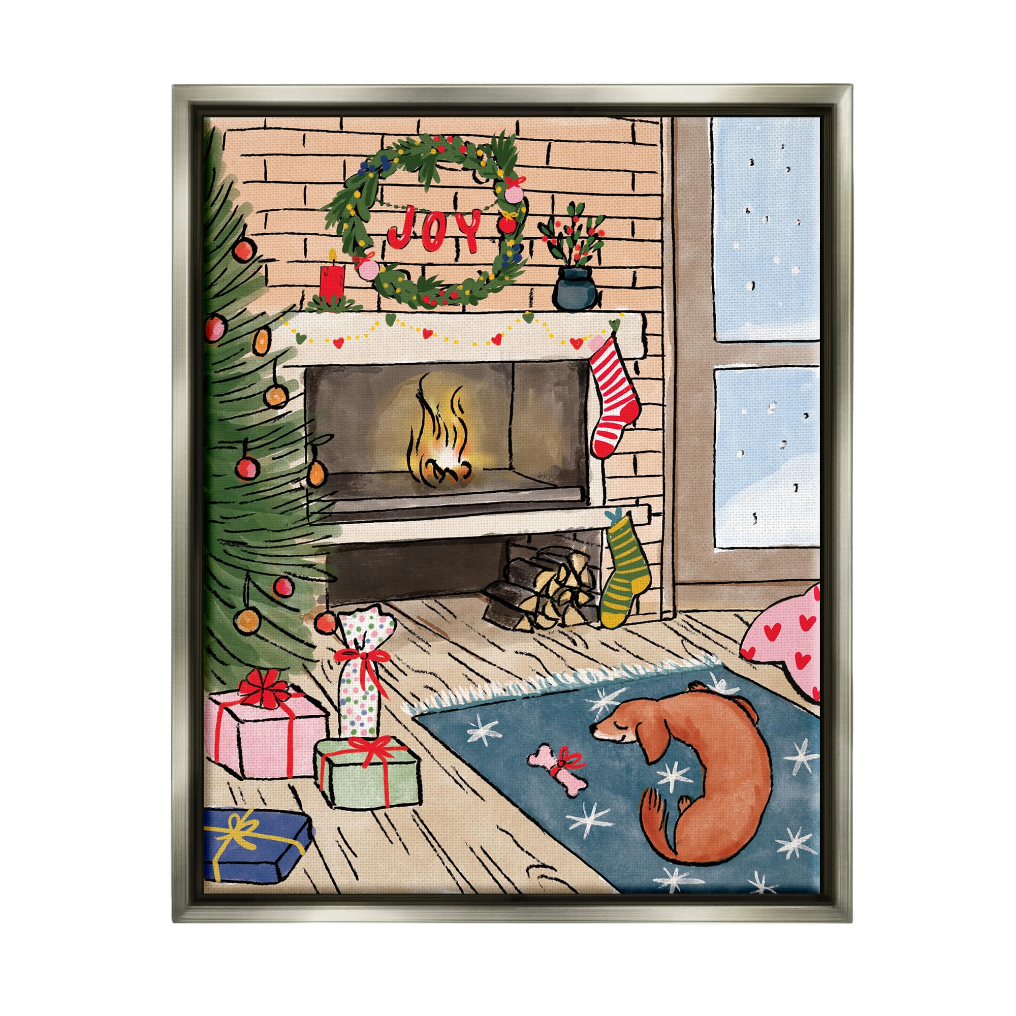 Stupell Industries Cozy Christmas Fireplace Tree Framed Floater Canvas Wall Art