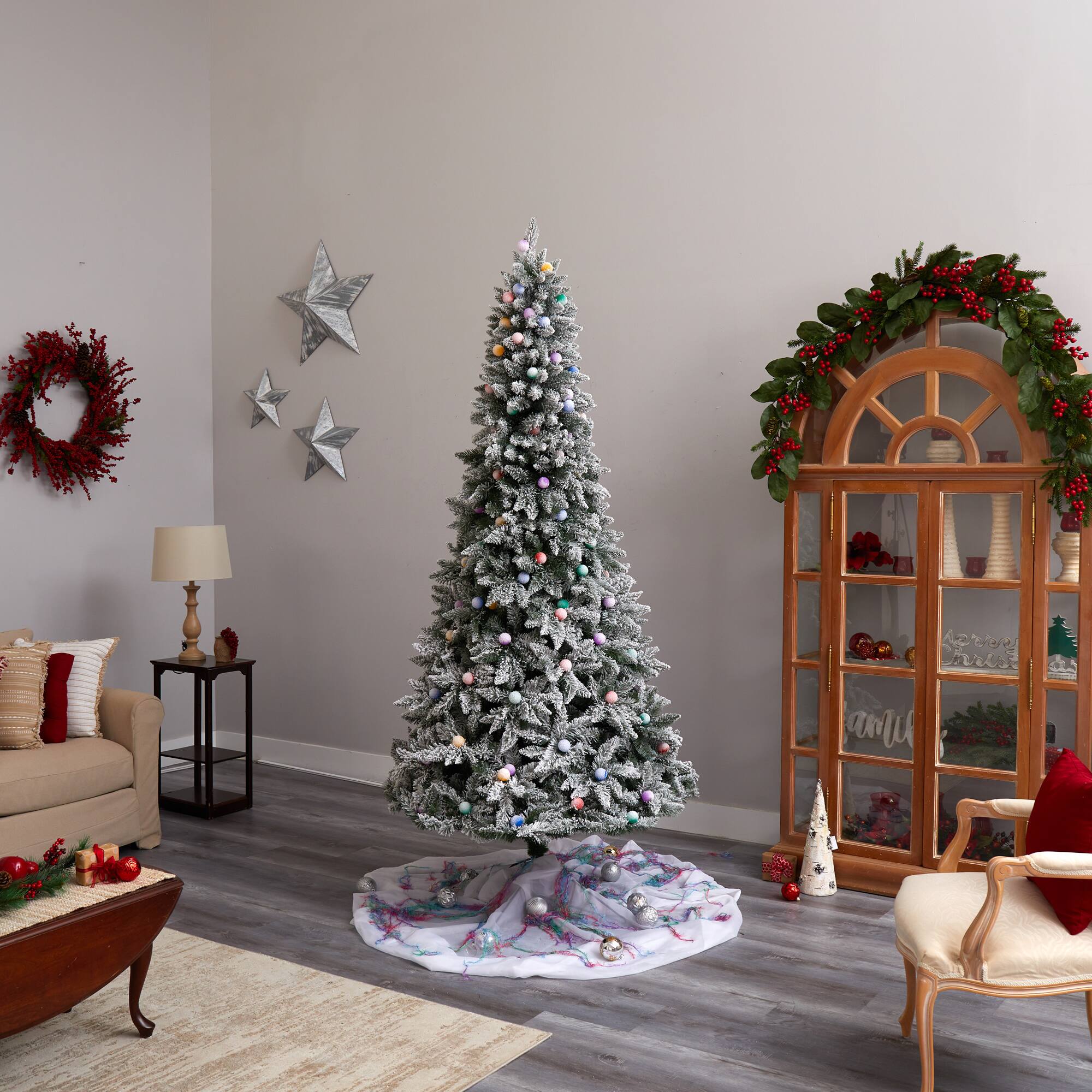 8.5ft. Pre-Lit Flocked British Columbia Mountain Fir Artificial Christmas Tree, Multicolor Globe Bulbs