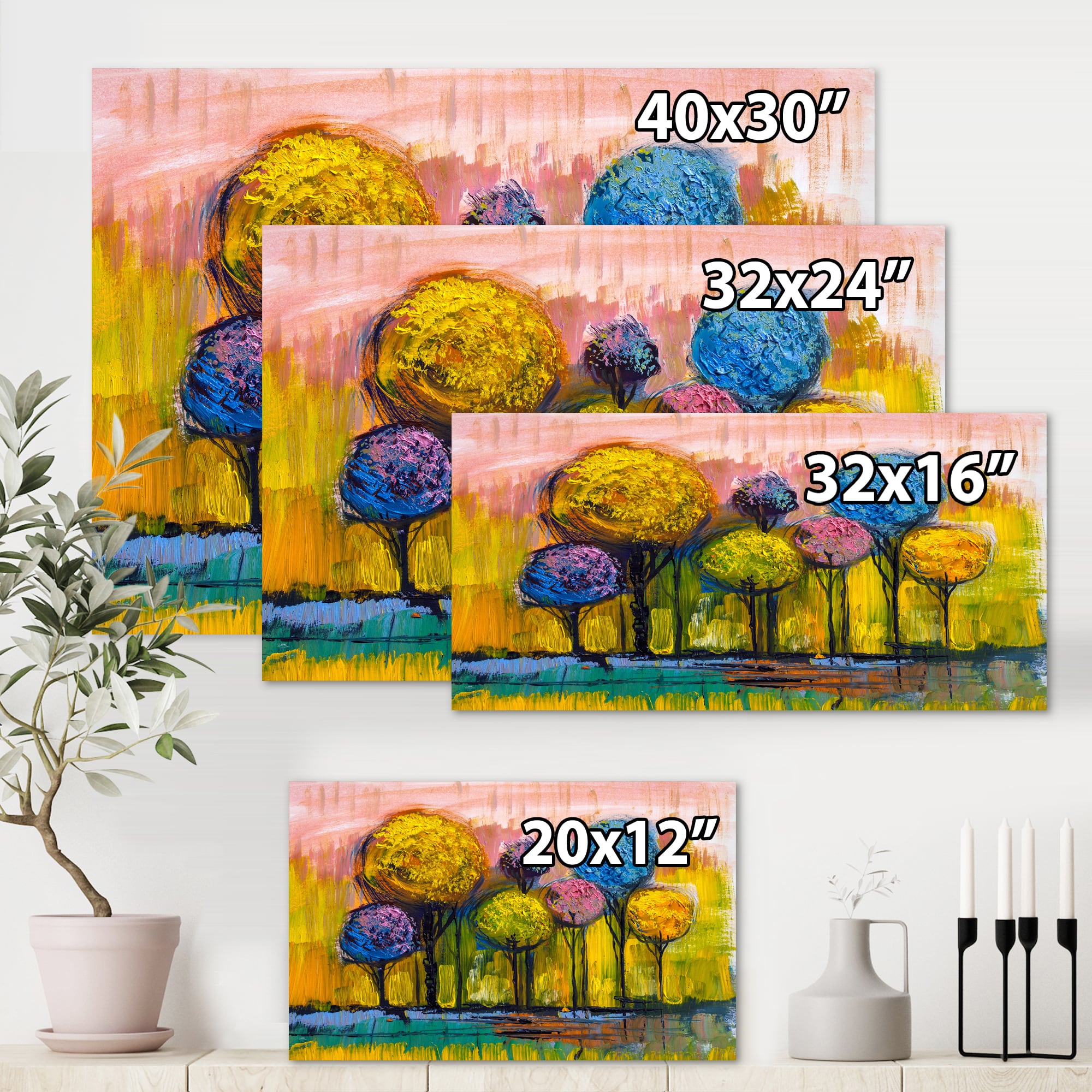 Colorful Trees Abstract Impression III 8 in x 12 in Painting Canvas Art Print, by Designart