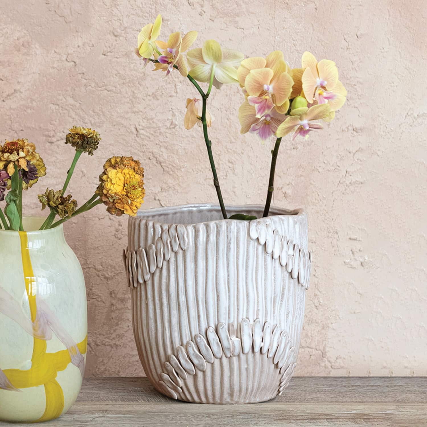 Hello Honey® 9.25" Cream Pleated Handmade Stoneware Vase
