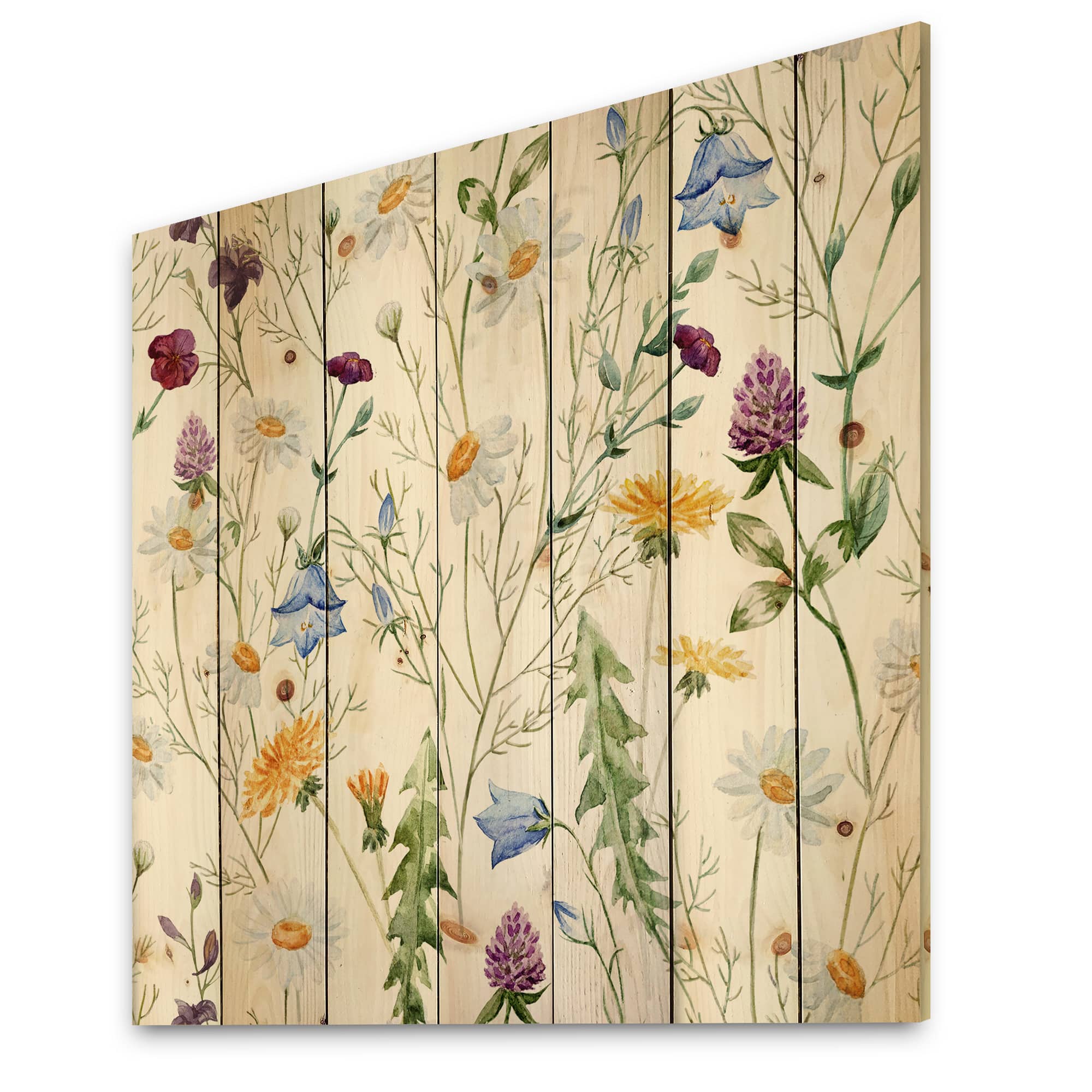 Designart - Wildflowers Chamomile and Clover Bell III - Traditional Print on Natural Pine Wood