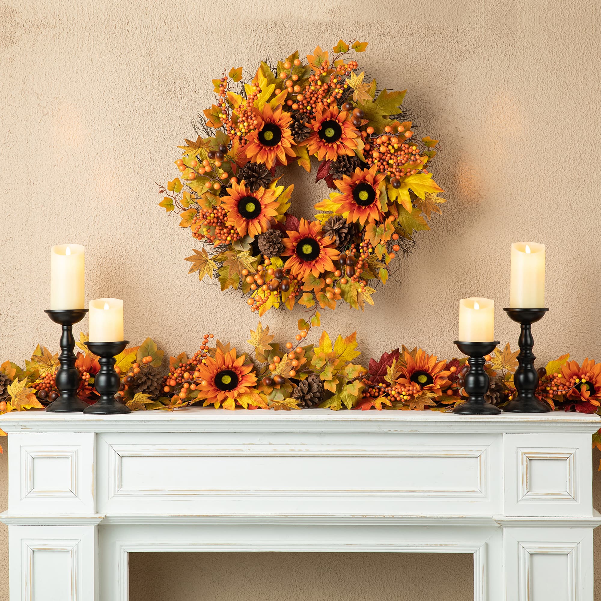 Glitzhome&#xAE; 24&#x22; Fall Sunflower, Maple Leaf &#x26;  Berry Wreath