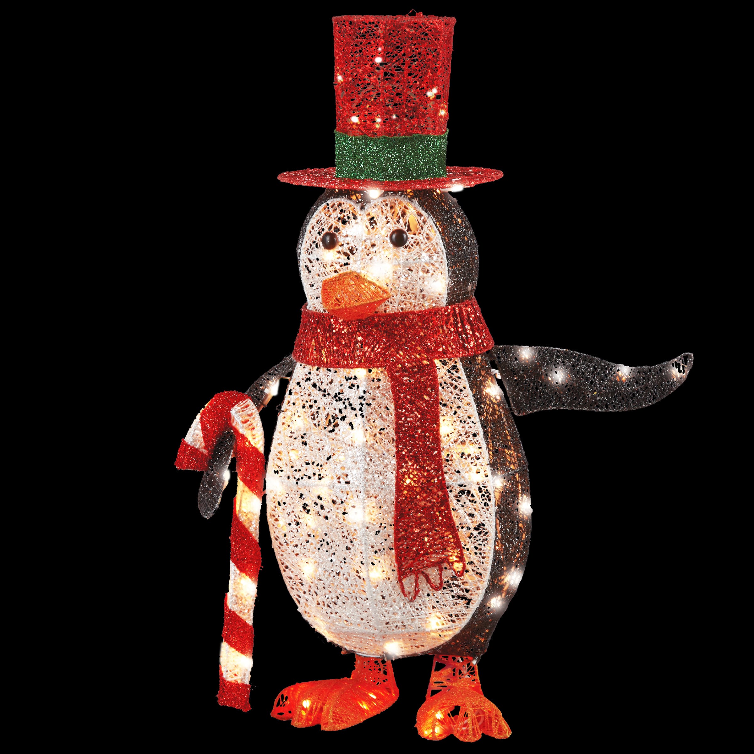 36" Penguin Holding Candy Cane, White LED Lights