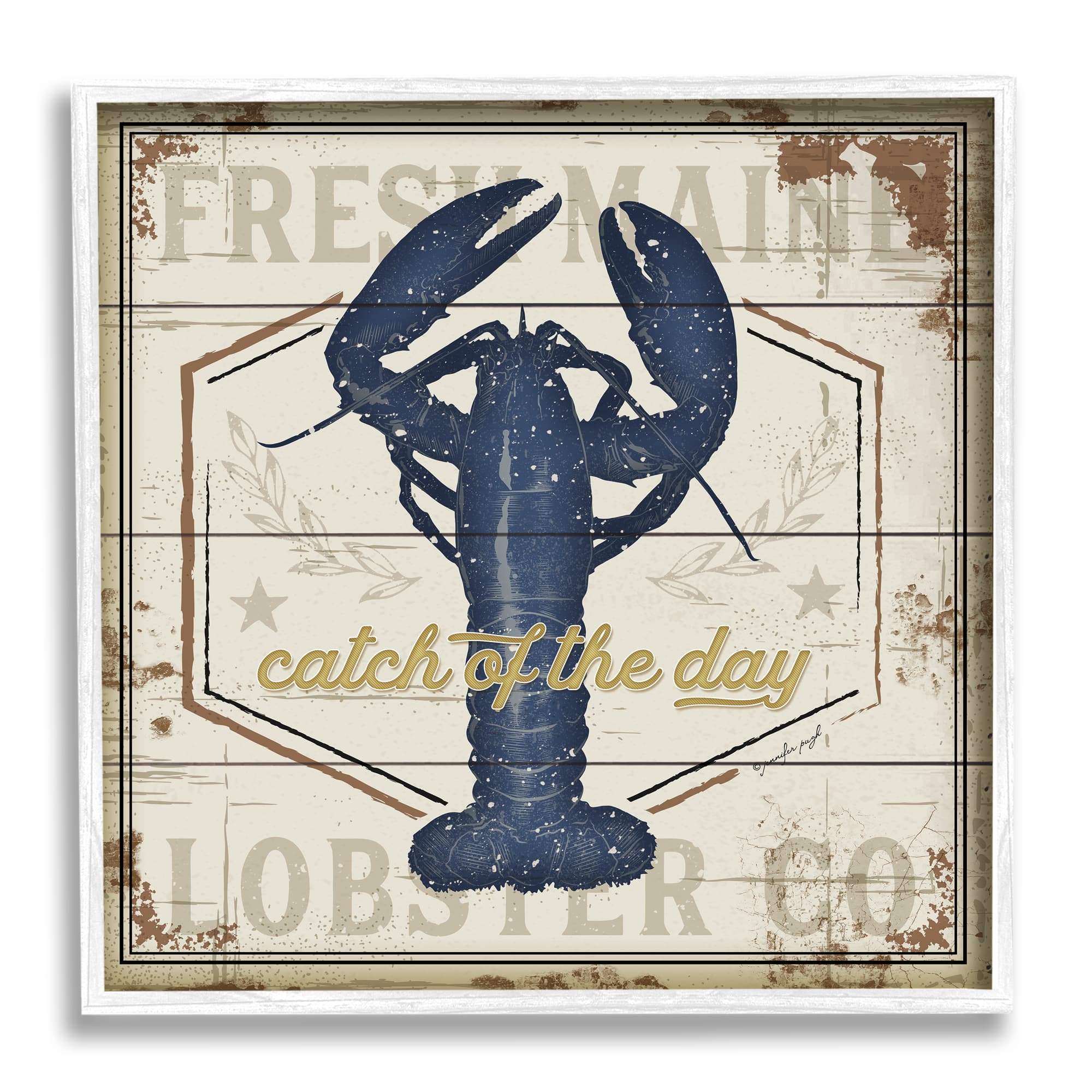 Stupell Industries Catch of the Day Vintage Blue Lobster Plank Pattern in White Frame Wall Art