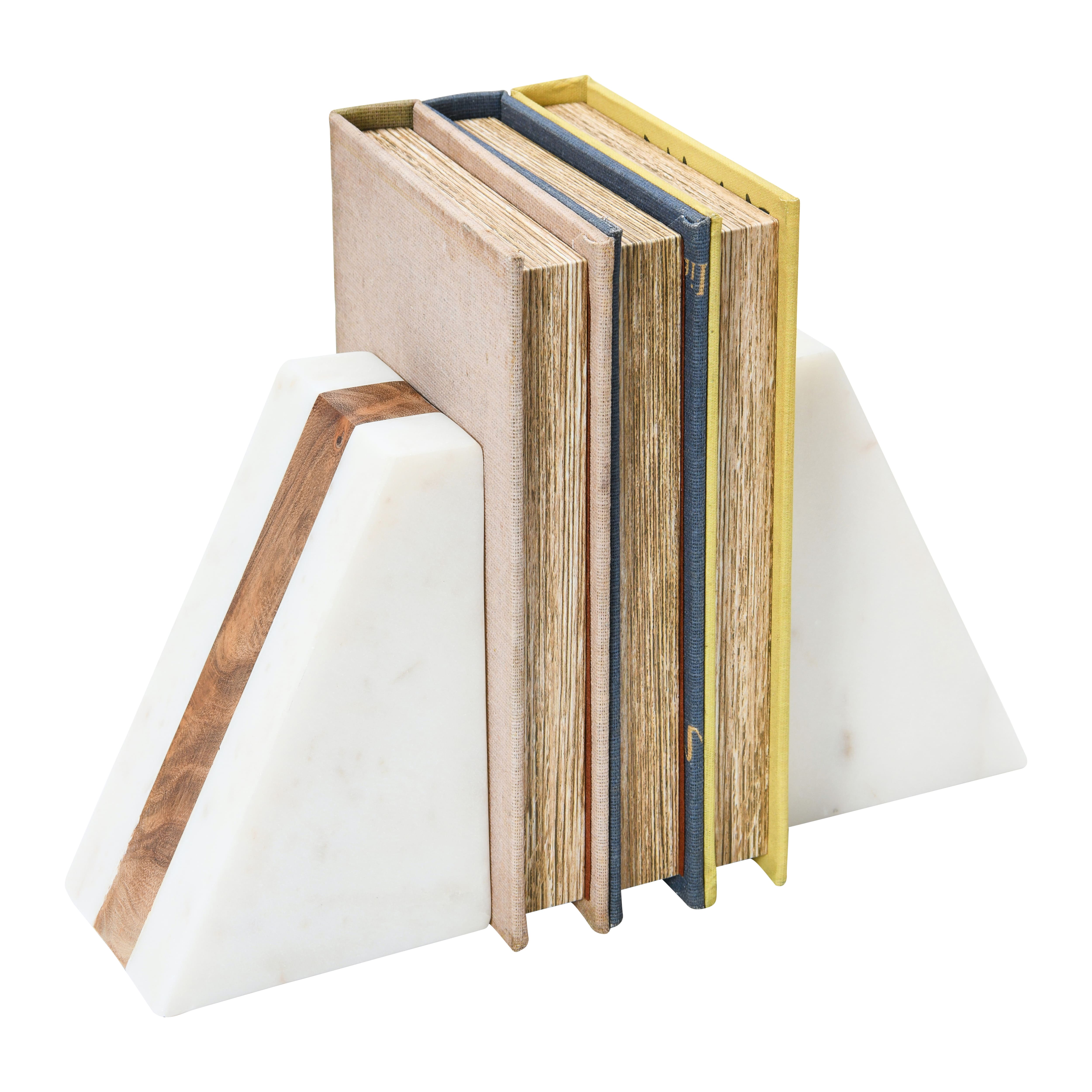 6&#x22; White Marble Geometric Bookends with Wood Inlay