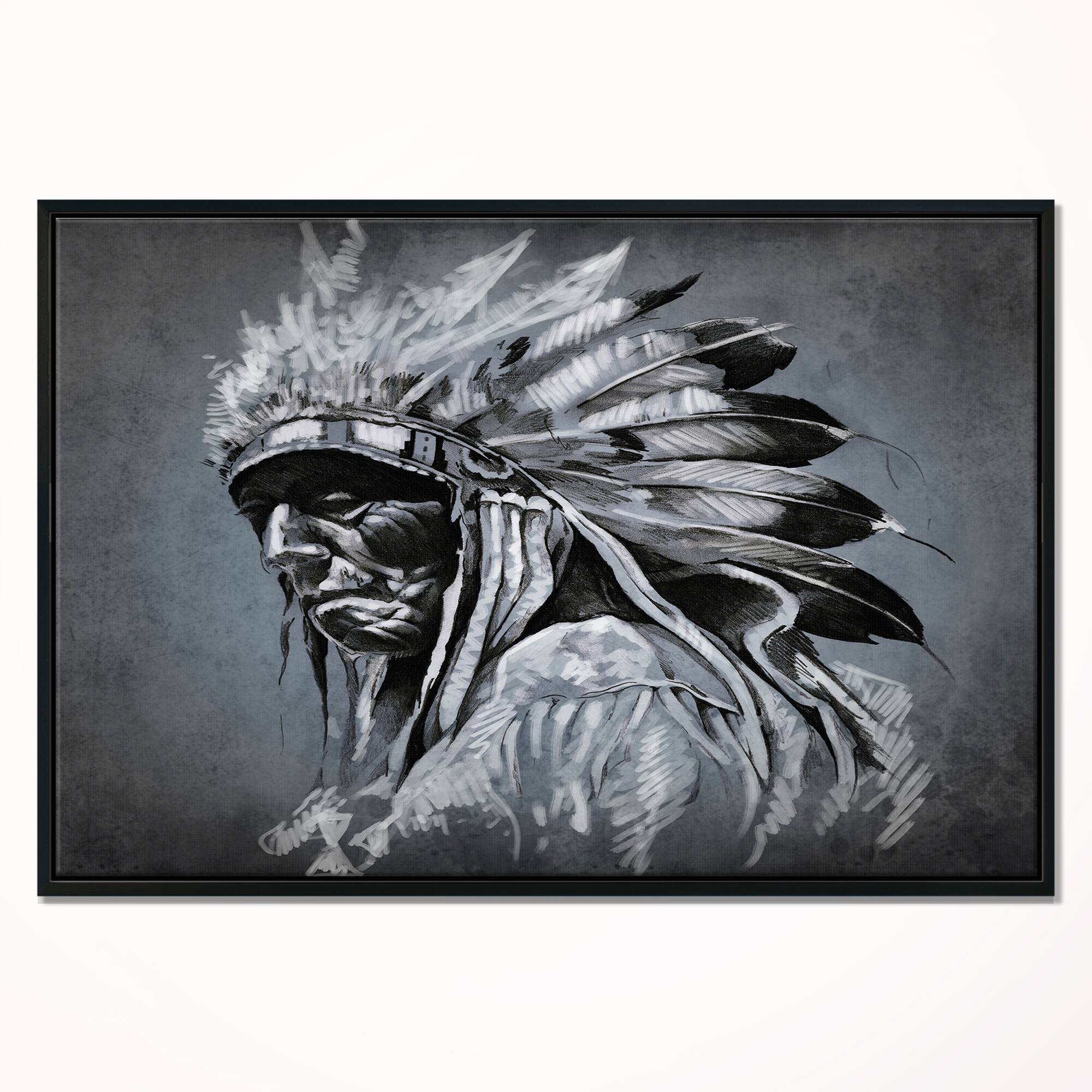Designart - American Indian Tattoo Art - Portrait Canvas Print in Black Frame