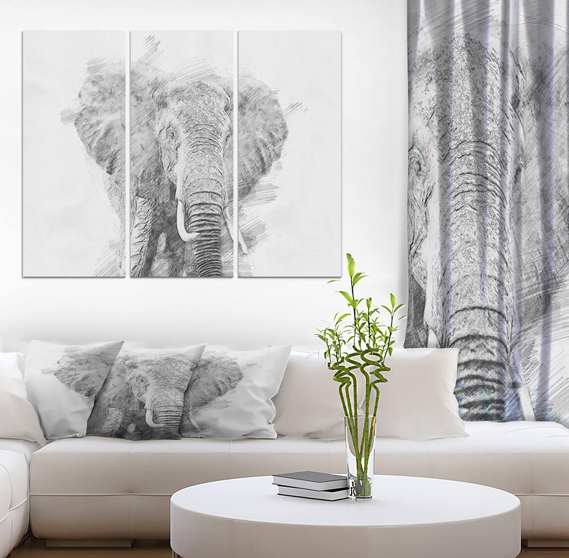 Designart - Black and White Elephant Sketch - Animals Painting Print on Wrapped Canvas set