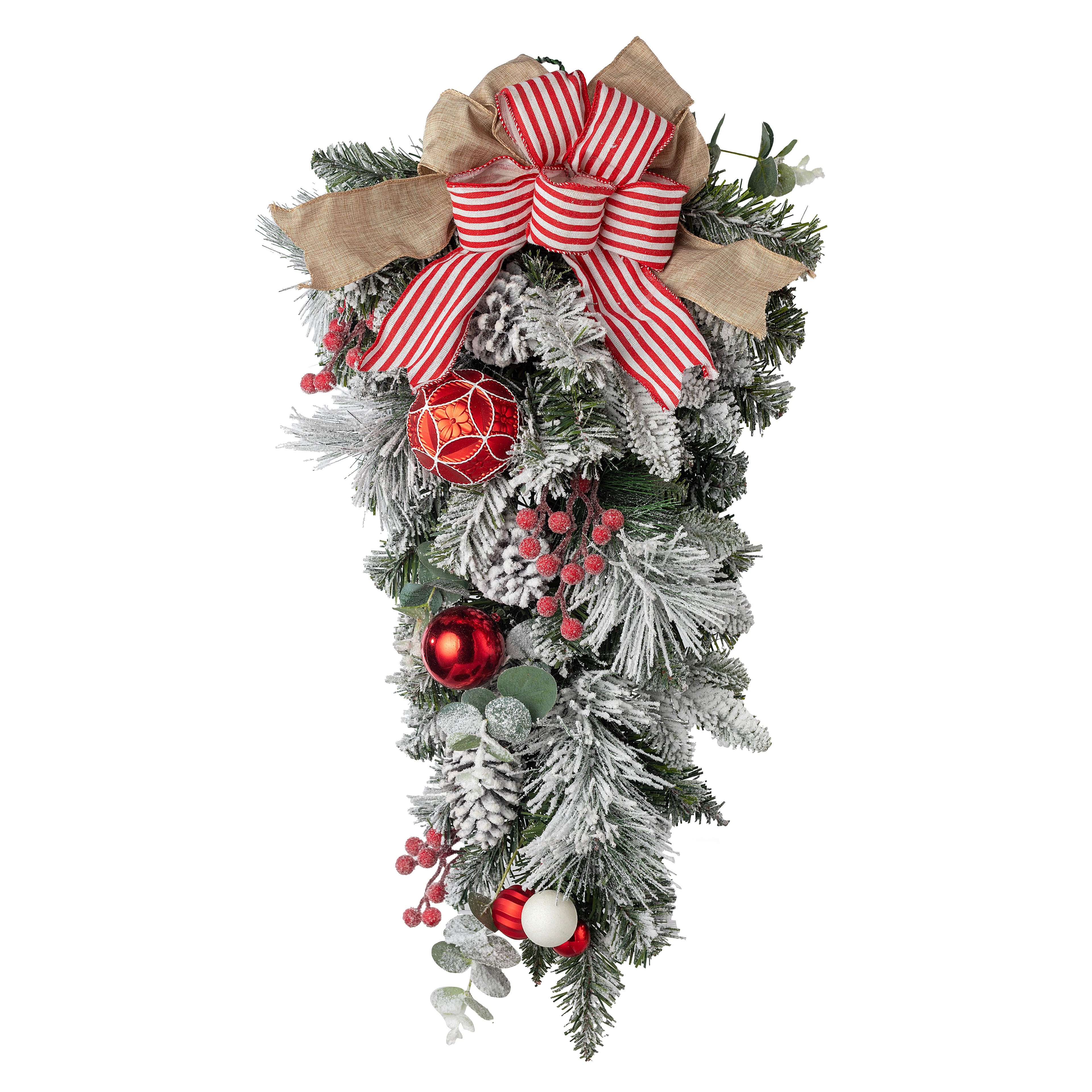 28&#x22; Snowy Pine Teardrop with Red &#x26; White Striped Bow by Ashland&#xAE;