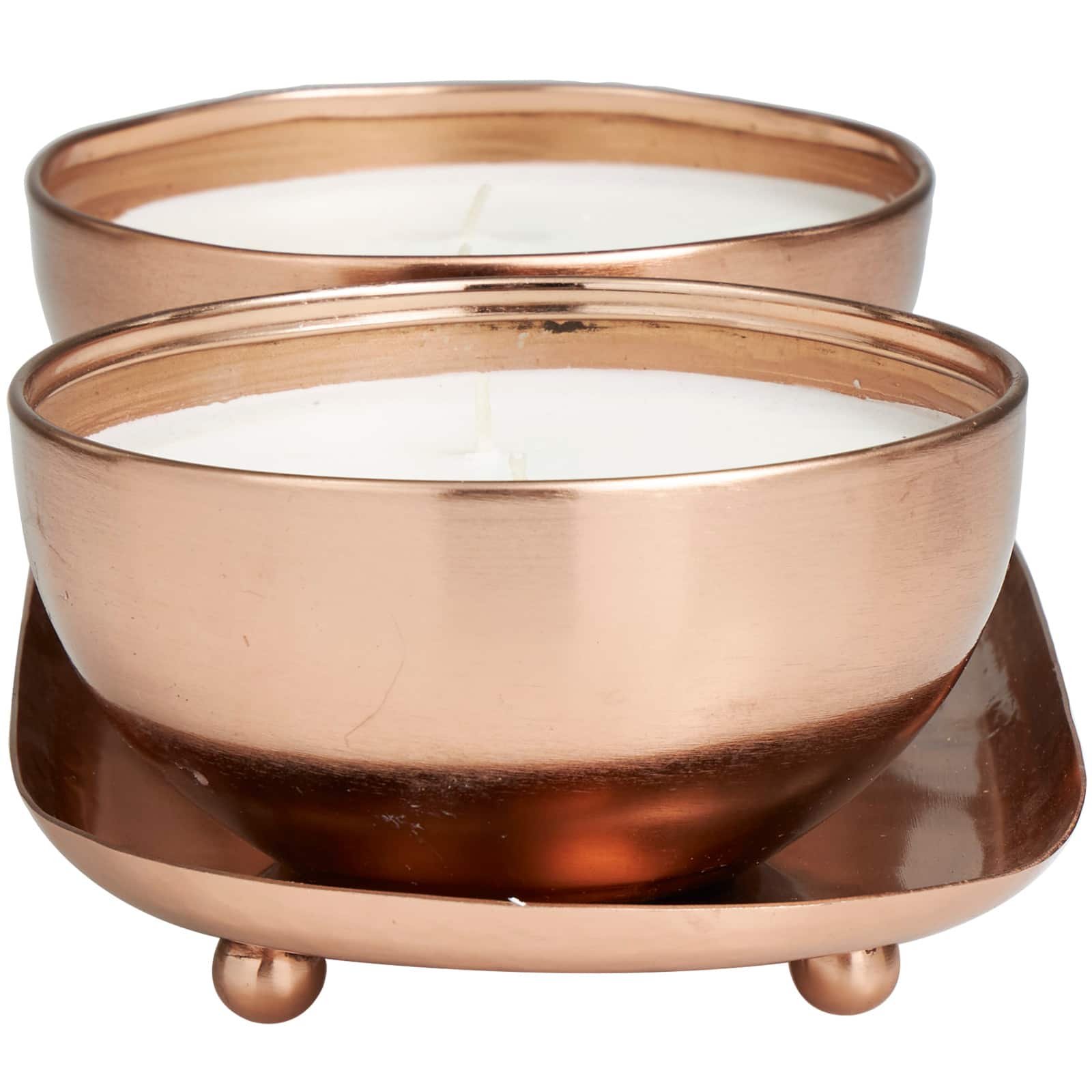 12oz. 2-Wick White Wax Tropical Breeze Scented Candle with Copper Container Bowls and Thin Oval Holding Tray Set