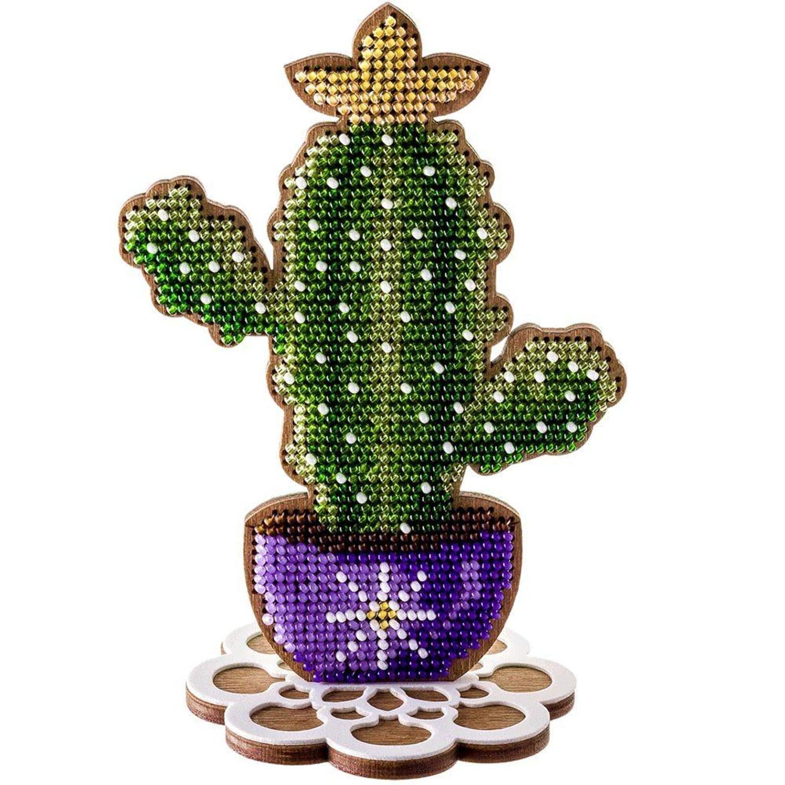 Wonderland Crafts Cactus in Purple Bowl Bead Embroidery on Wood Kit