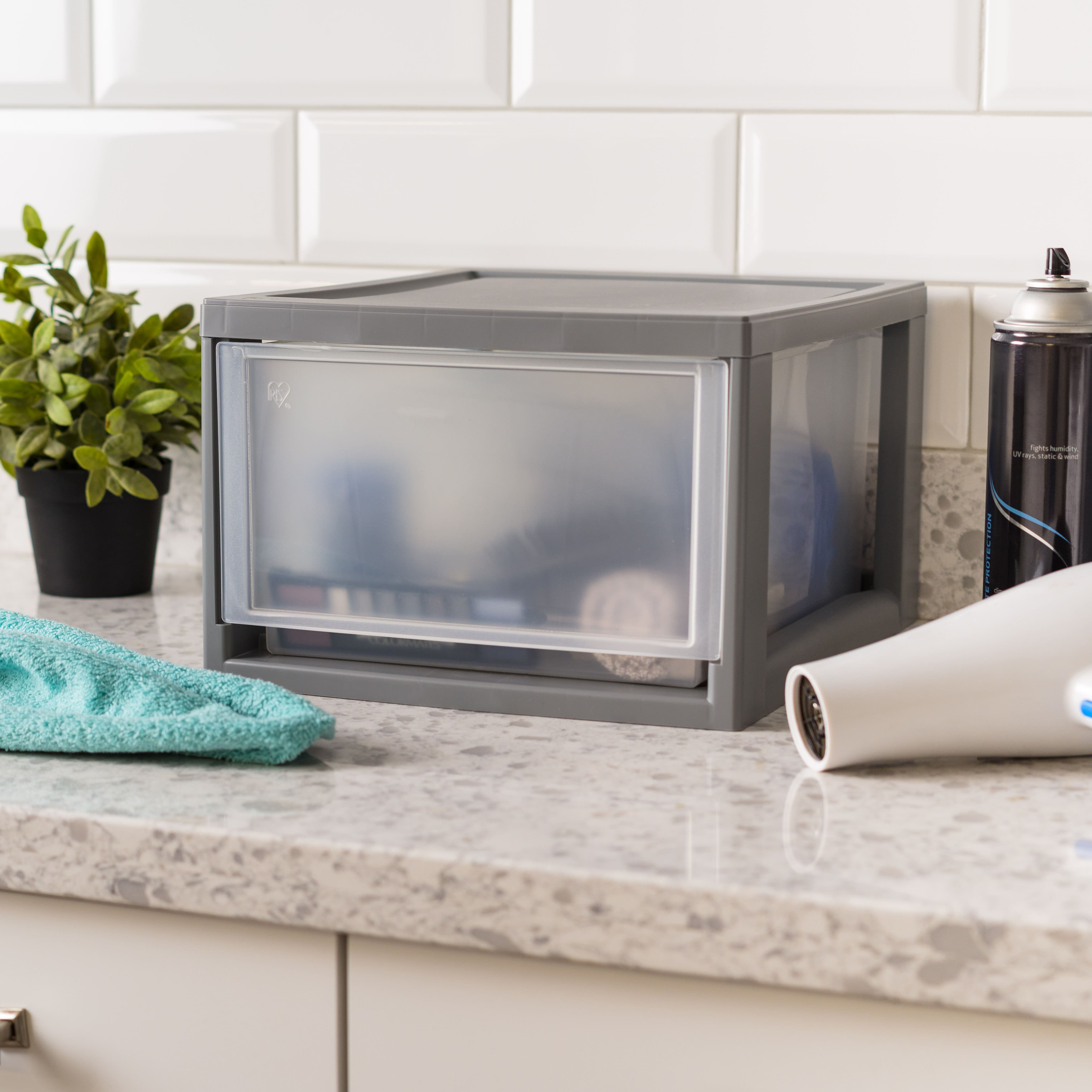 IRIS&#xAE; Medium Gray Stackable Storage Bin with Clear Drawer