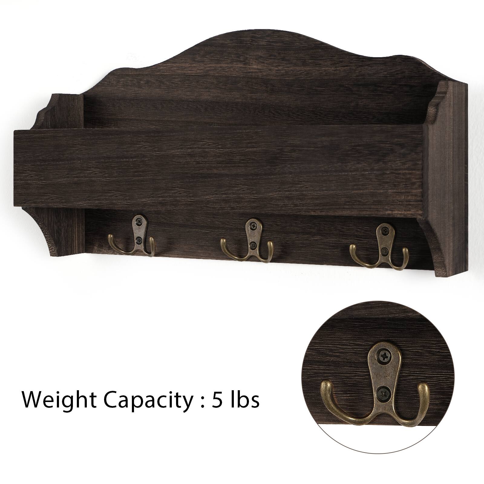 NEX™ Rustic Brown Wall-Mounted Wooden Key Rack with 3 Double Key Hooks