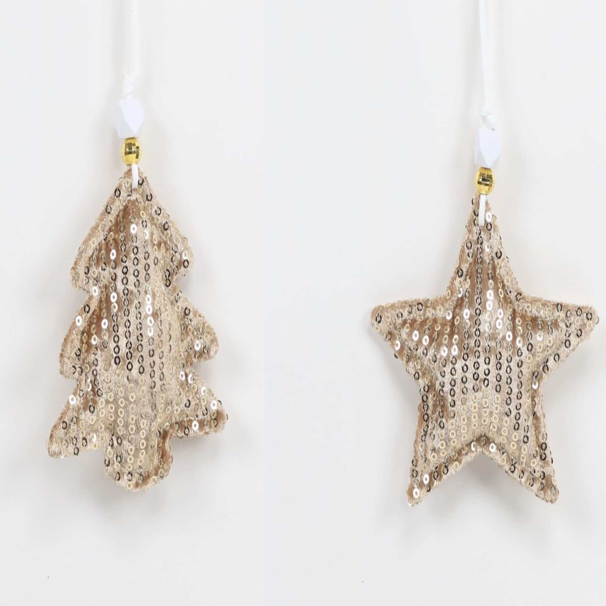 Sequin Stars and Trees Plush Christmas Ornaments - 4" - Gold - Set of 4