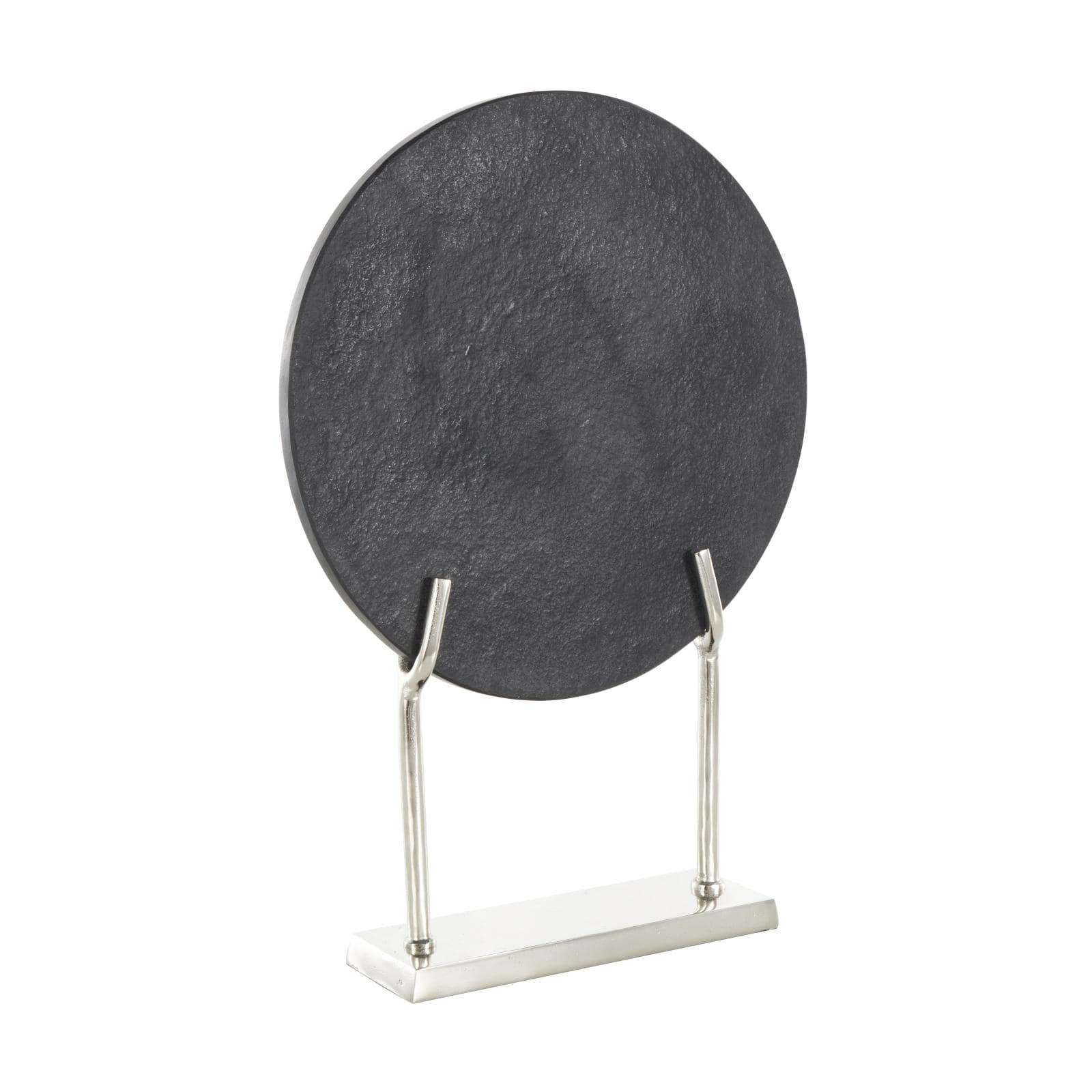 20" Black Textured Marble Disk Sculpture with Silver Metal Stand