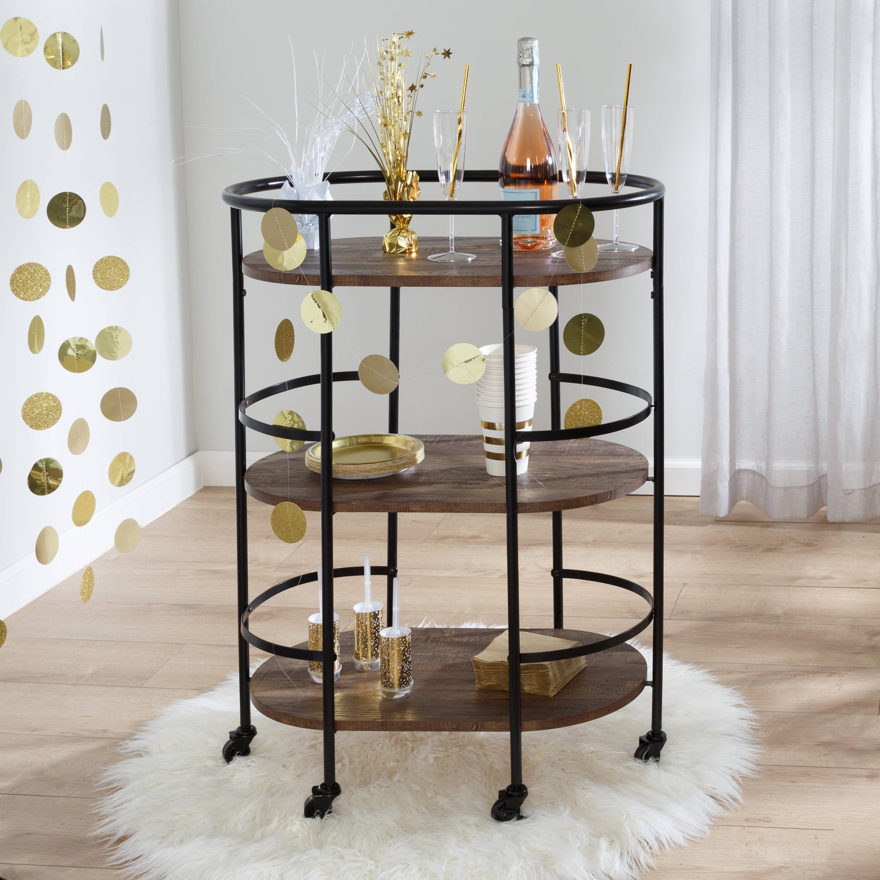 Honey Can Do 3-Tier Black & Rustic Brown Rolling Bar & Serving Cart
