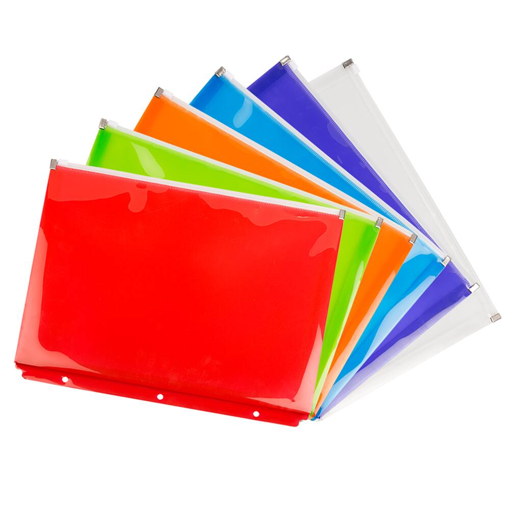 JAM Paper 9.75" x 13" Assorted Zip Closure 3-Hole Punch Plastic Envelopes, 6ct.