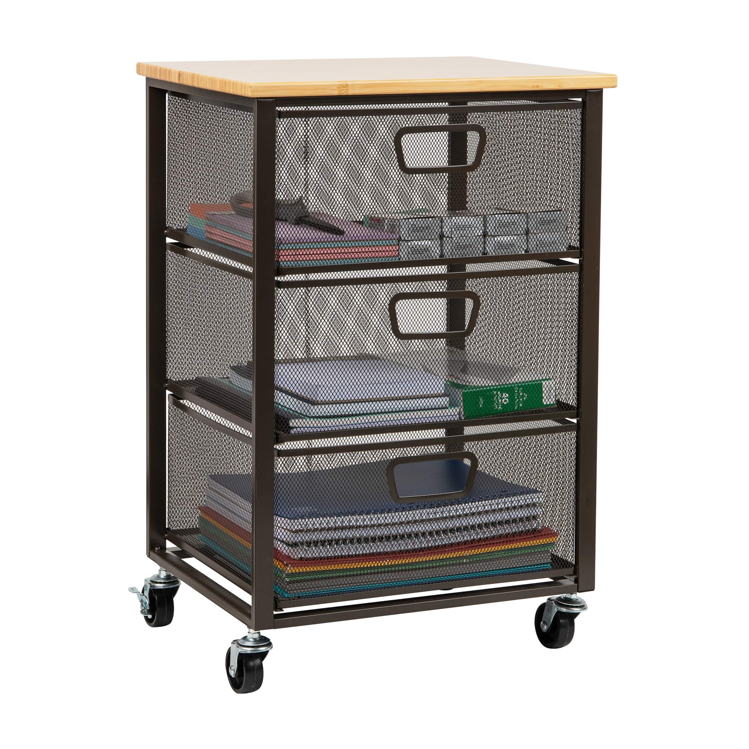 Mind Reader Black 3-Tier Metal Rolling File Cart with Drawers