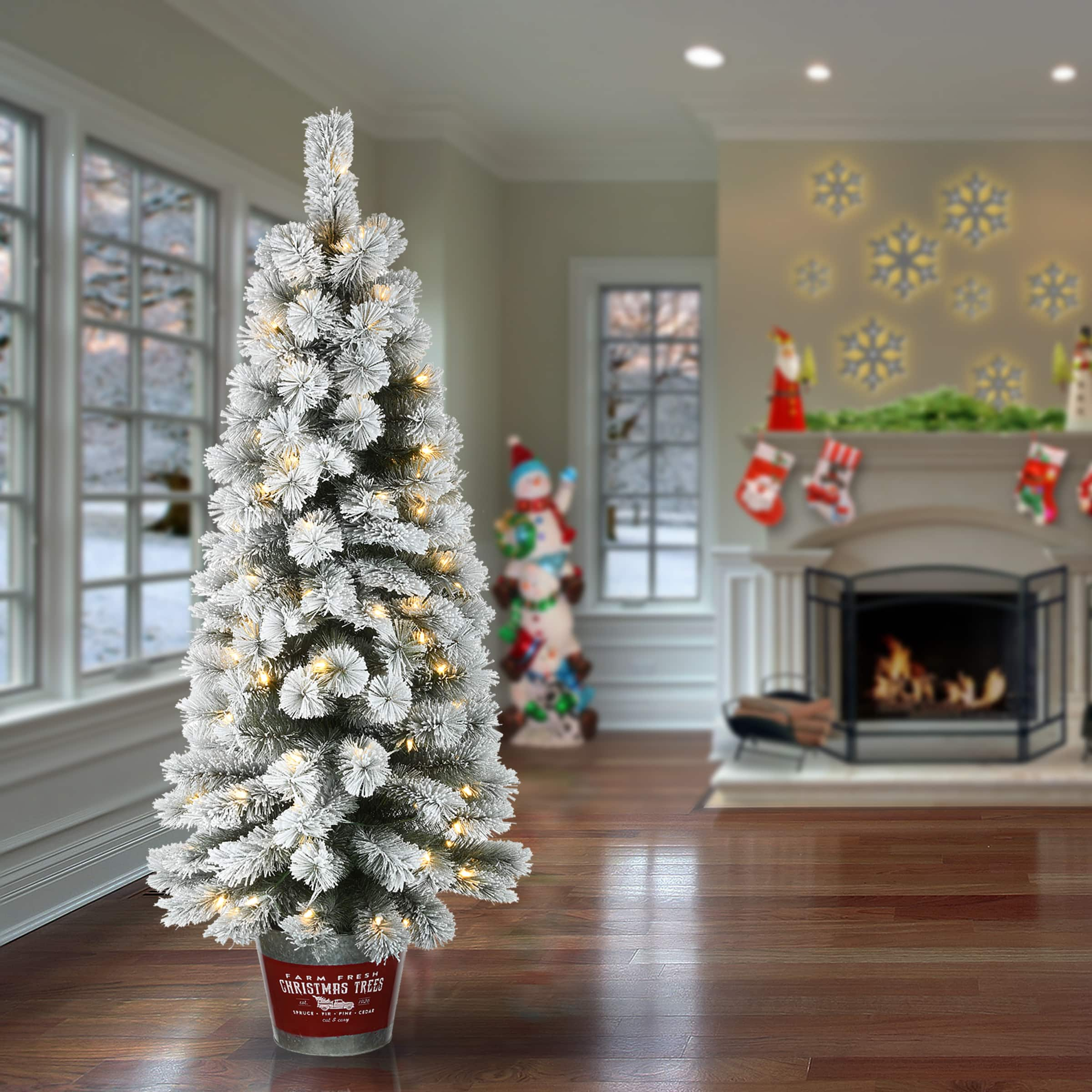 5ft. Pre-Lit Snowy Pogue Pine Entrance Artificial Christmas Tree in Red Base, Warm White LED Lights