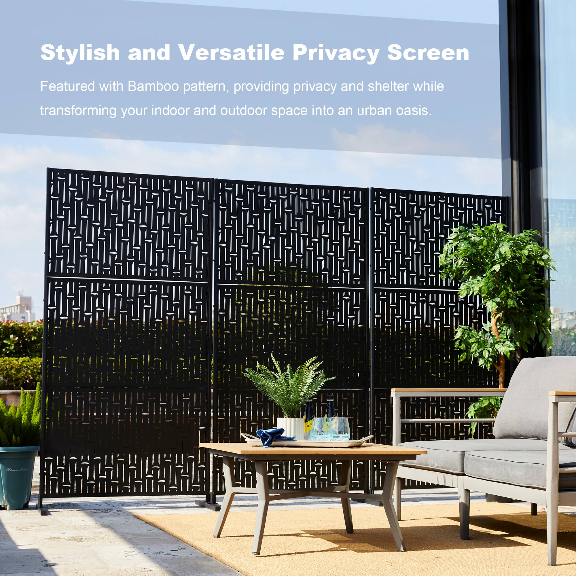Glitzhome&#xAE; 6ft. Black Galvanized Steel Bamboo Pattern Privacy Screen Fence Panel &#x26; Room Divider