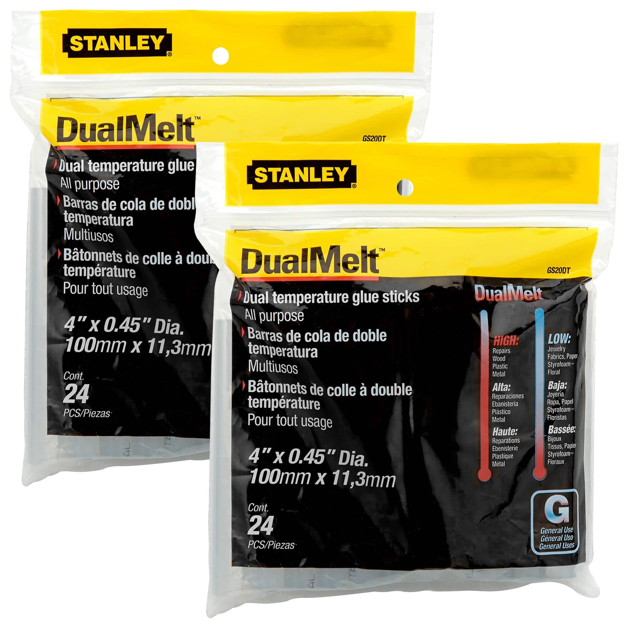 Stanley® DualMelt™ 4" Dual Temperature Glue Sticks, 2 Packs of 24