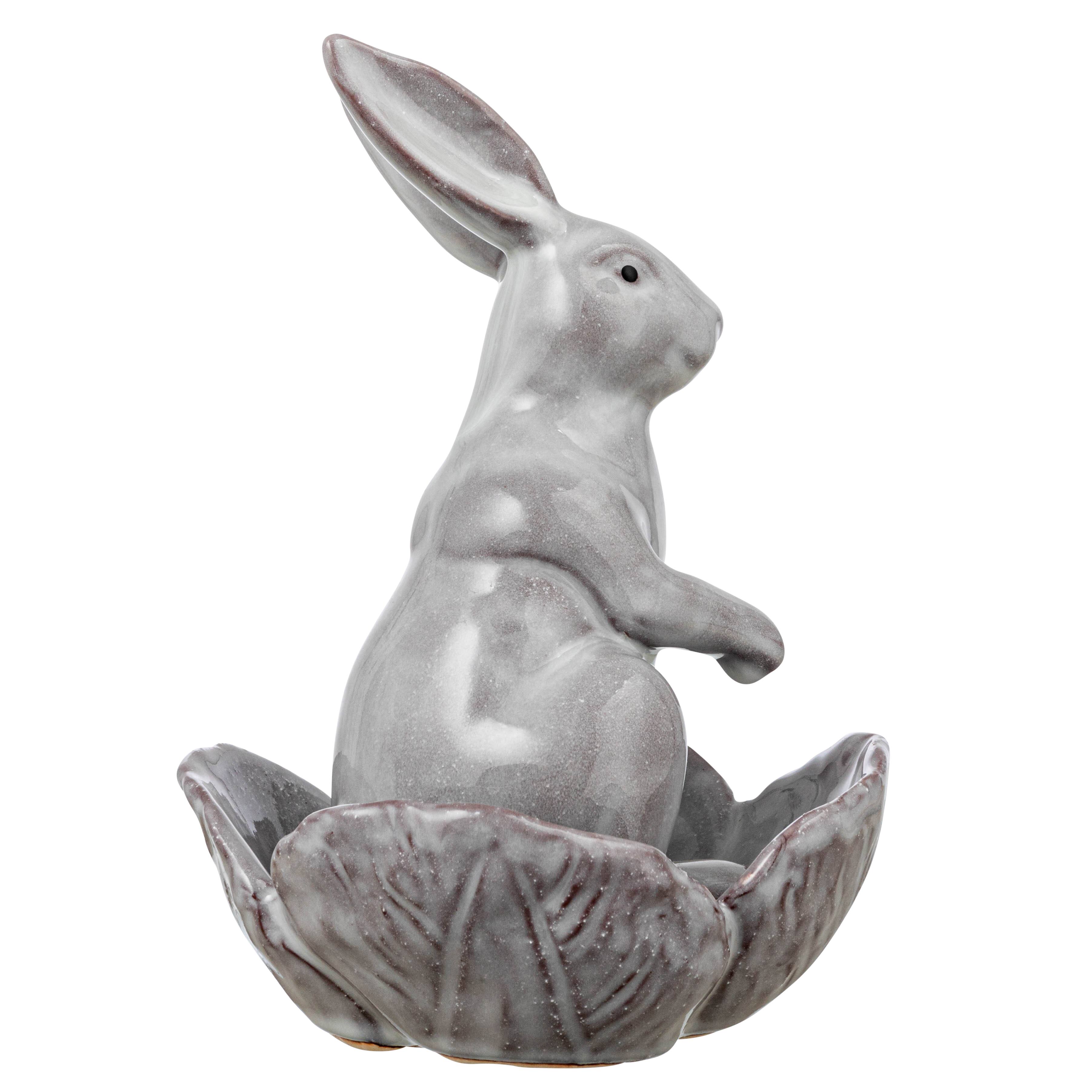 8&#x22; White Stoneware Rabbit Figurine with Flower Shaped Bowl