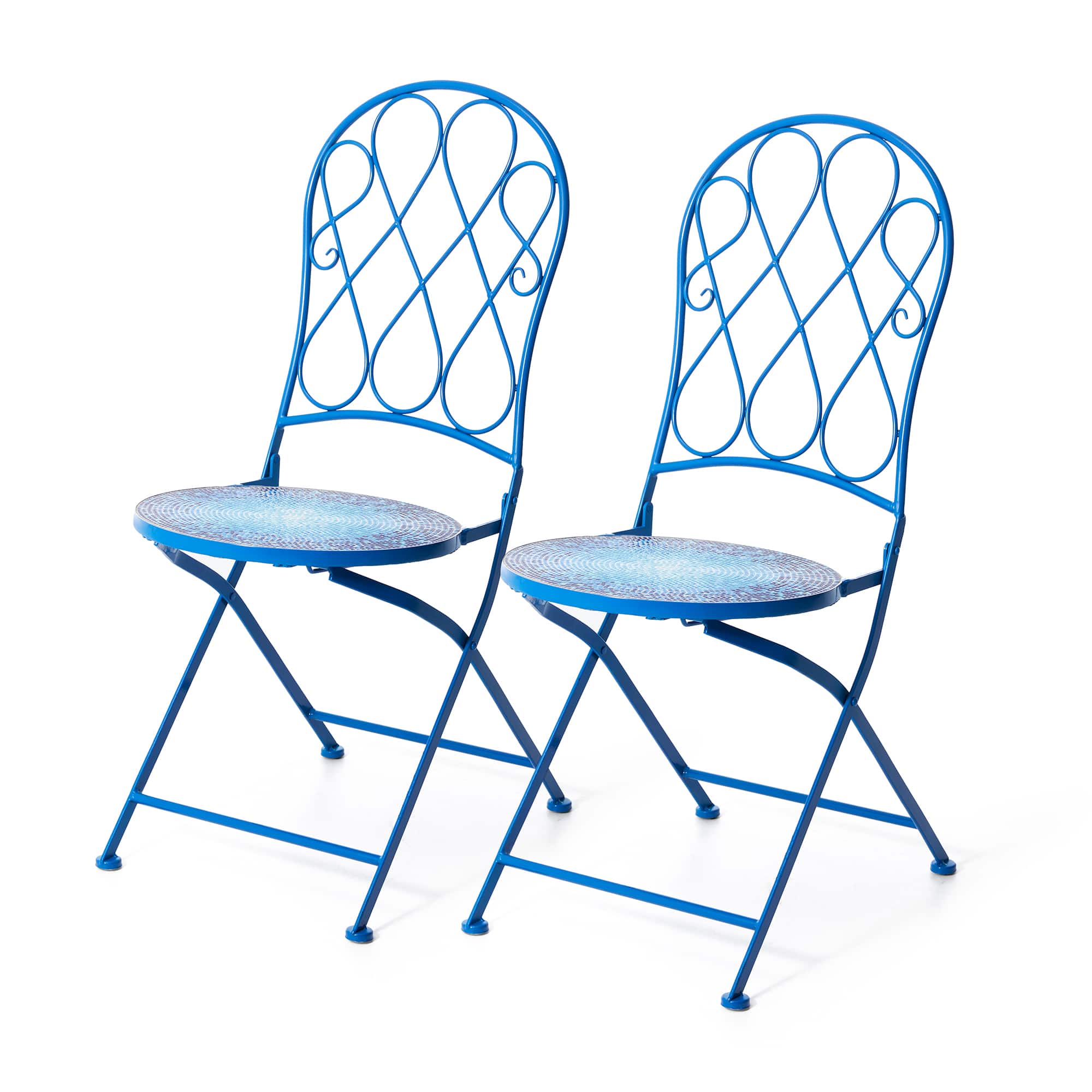 Glitzhome® 36.5" Blue Outdoor Metal Folding Bistro Chairs with Ceramic Tiles Seat, 2ct.