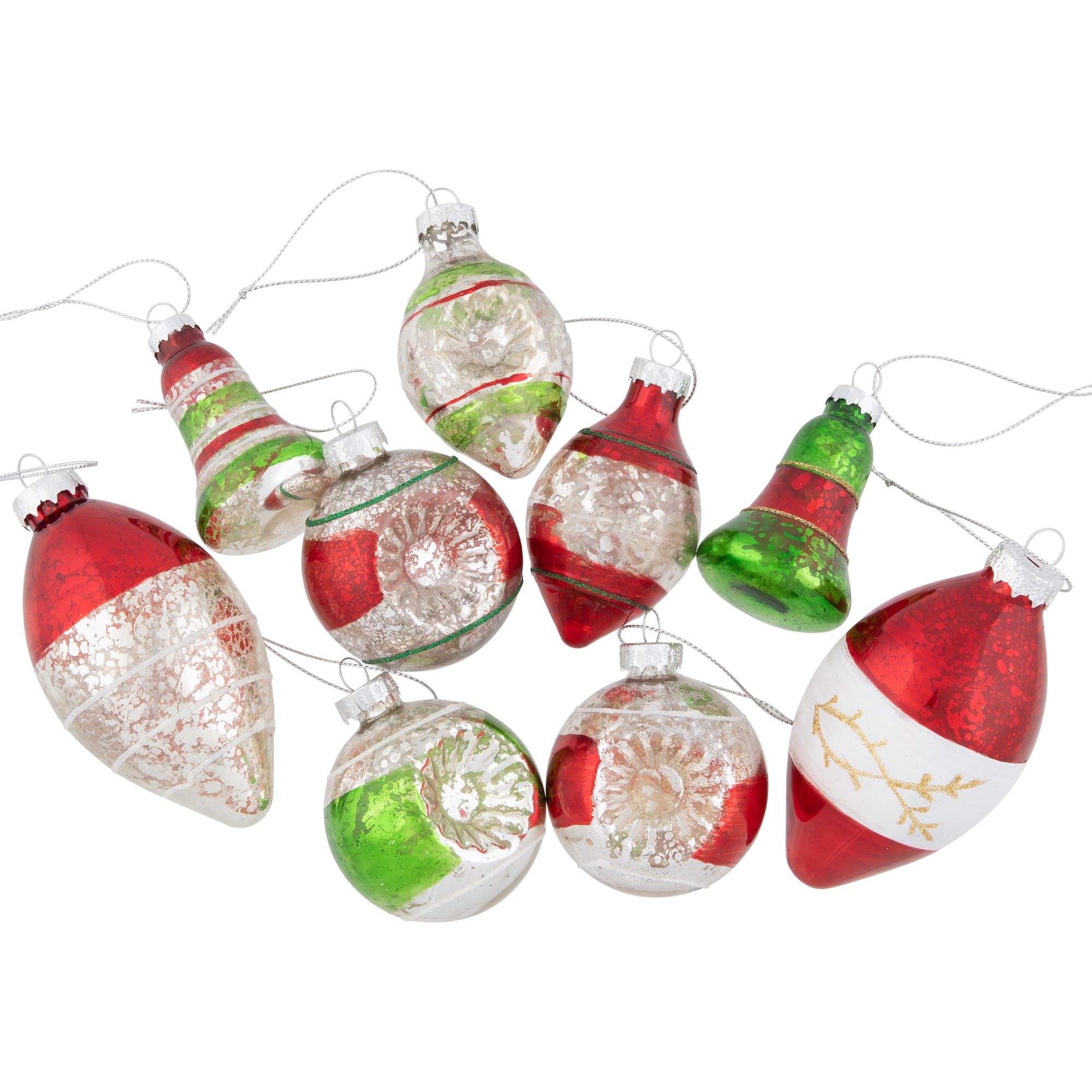 9ct. 3.25" 2-Finish Silver, Red & Green Glass Ornaments