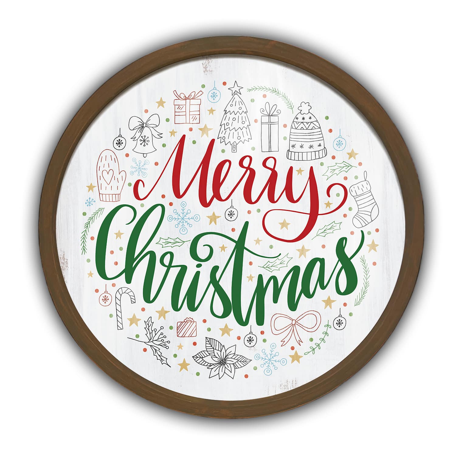 20&#x22; Round Merry Christmas Icons Brown Framed Wall Print