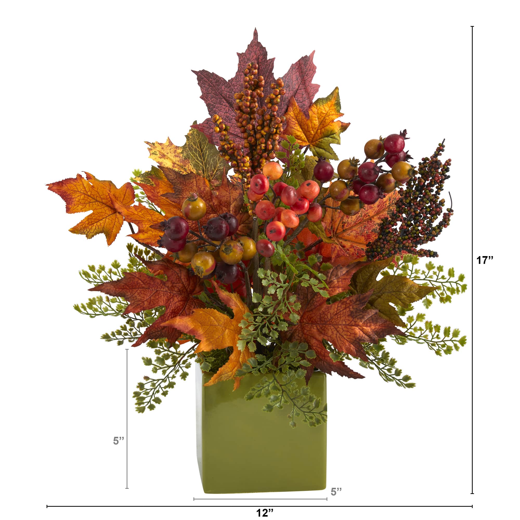 17in. Maple Leaf, Berries, Maiden Hair Arrangement in Green Vase