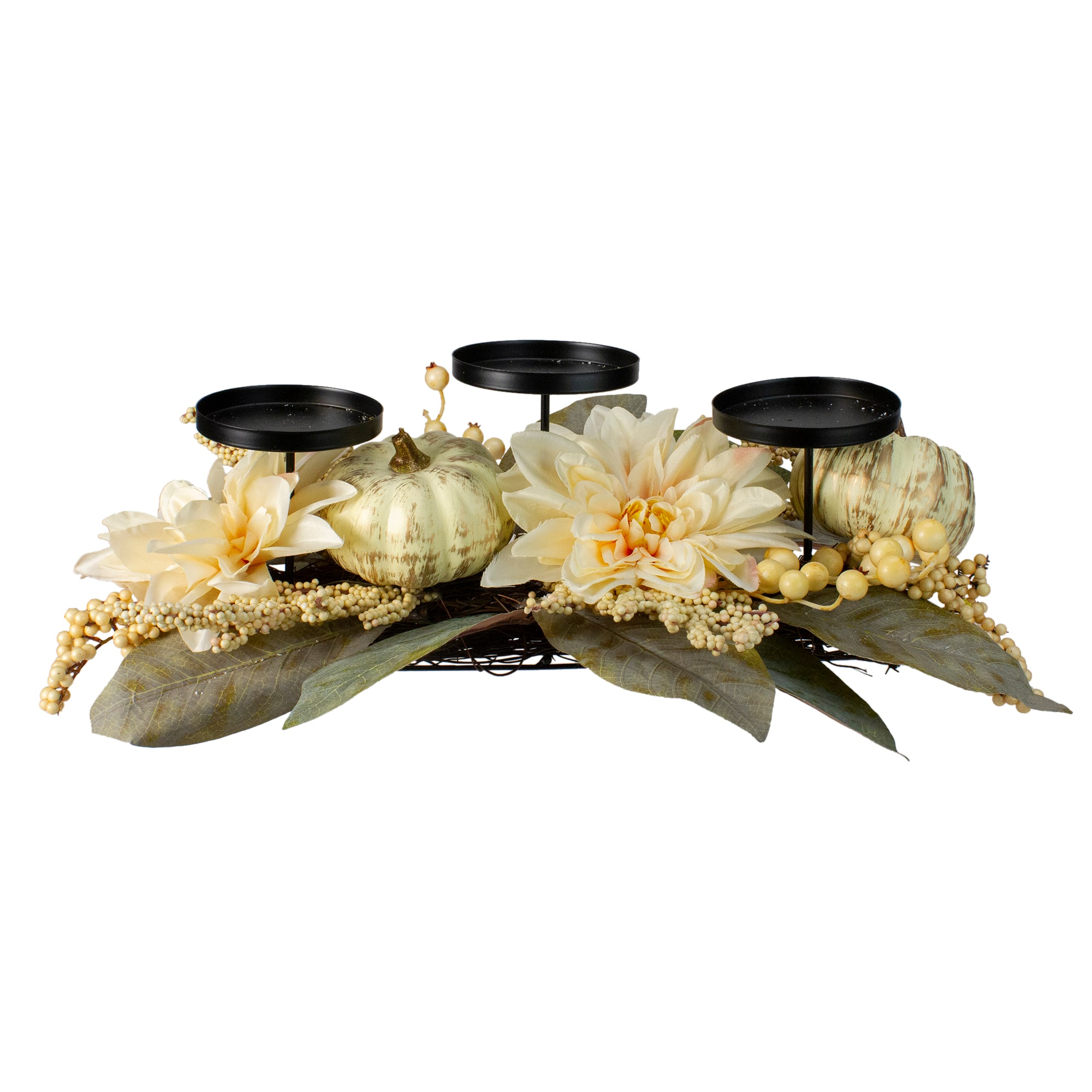 21&#x22; White Dahlia &#x26; Pumpkin Fall Triple Candle Holder