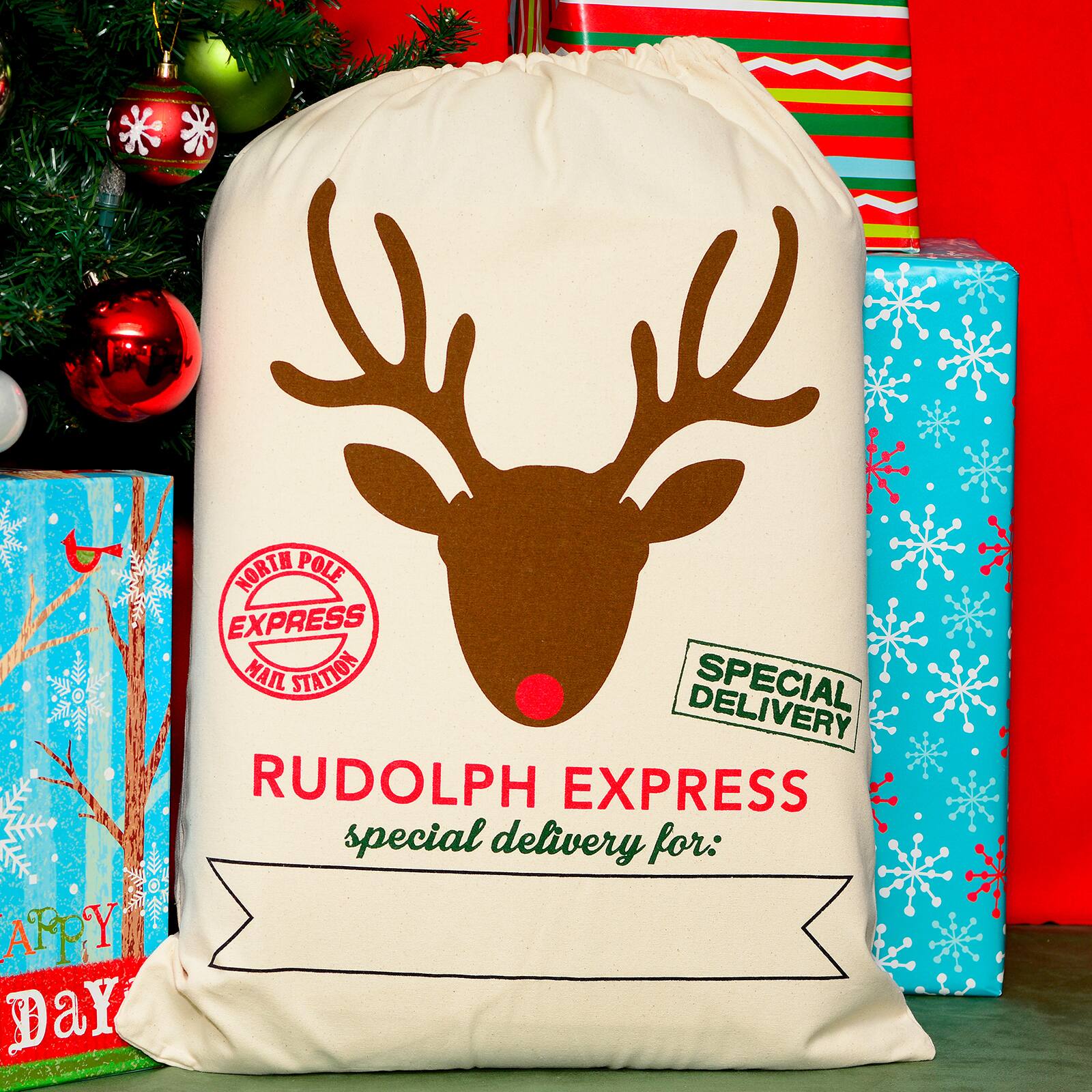 19&#x22; x 26&#x22; Rudolf Express Cotton Christmas Drawstring Bag