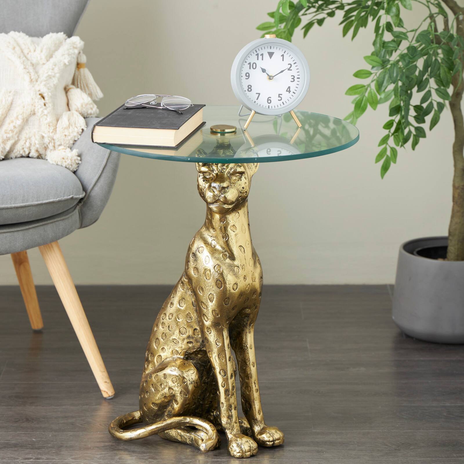 25&#x22; Gold Aluminum Leopard Spotted Sitting Accent Table with Glass Tabletop
